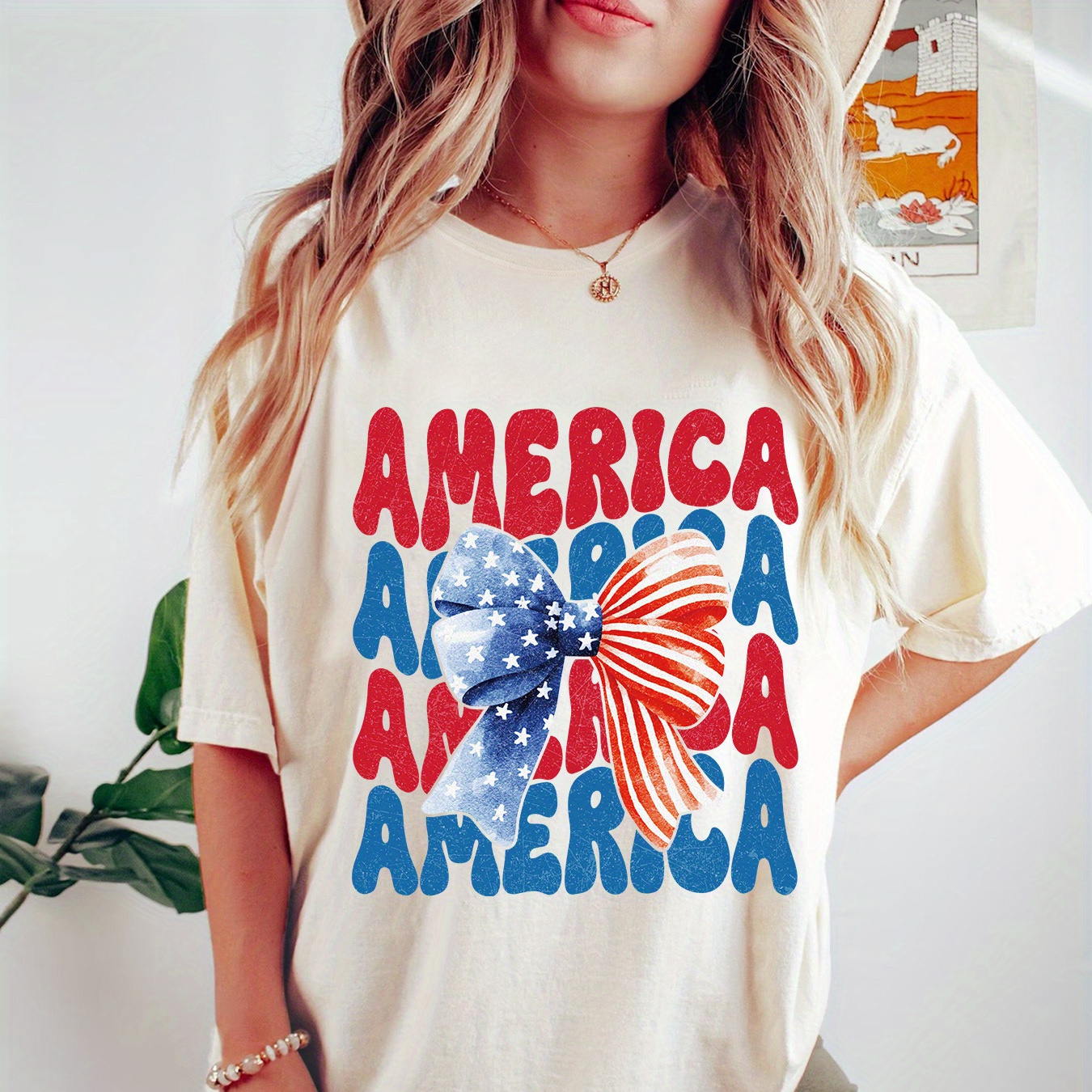 

America Print Crew Neck T-shirt, Casual Short Sleeve Top For Spring & Summer, Women's Clothing