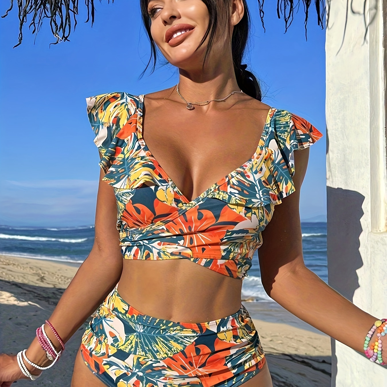

Tropical Print Ruffle Ruched 2 Piece Set Bikini, High Stretch V Neck Swimsuits, Women's Swimwear & Clothing