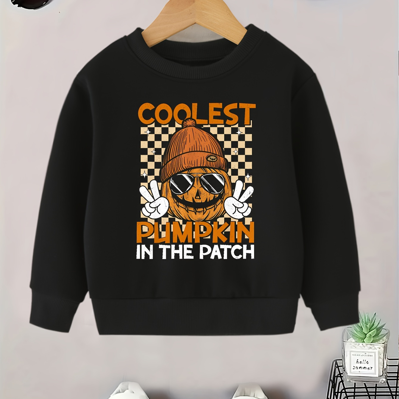 

Boys' 'coolest Pumpkin In The Patch' Graphic Sweatshirt - Casual Black Pullover With Checkered Hat Design, Machine Washable