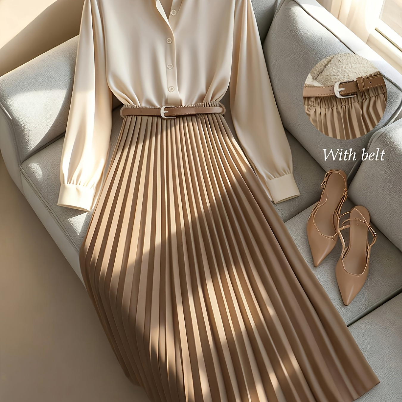 Beige Pleated Skirt with Belt + White Blouse Set