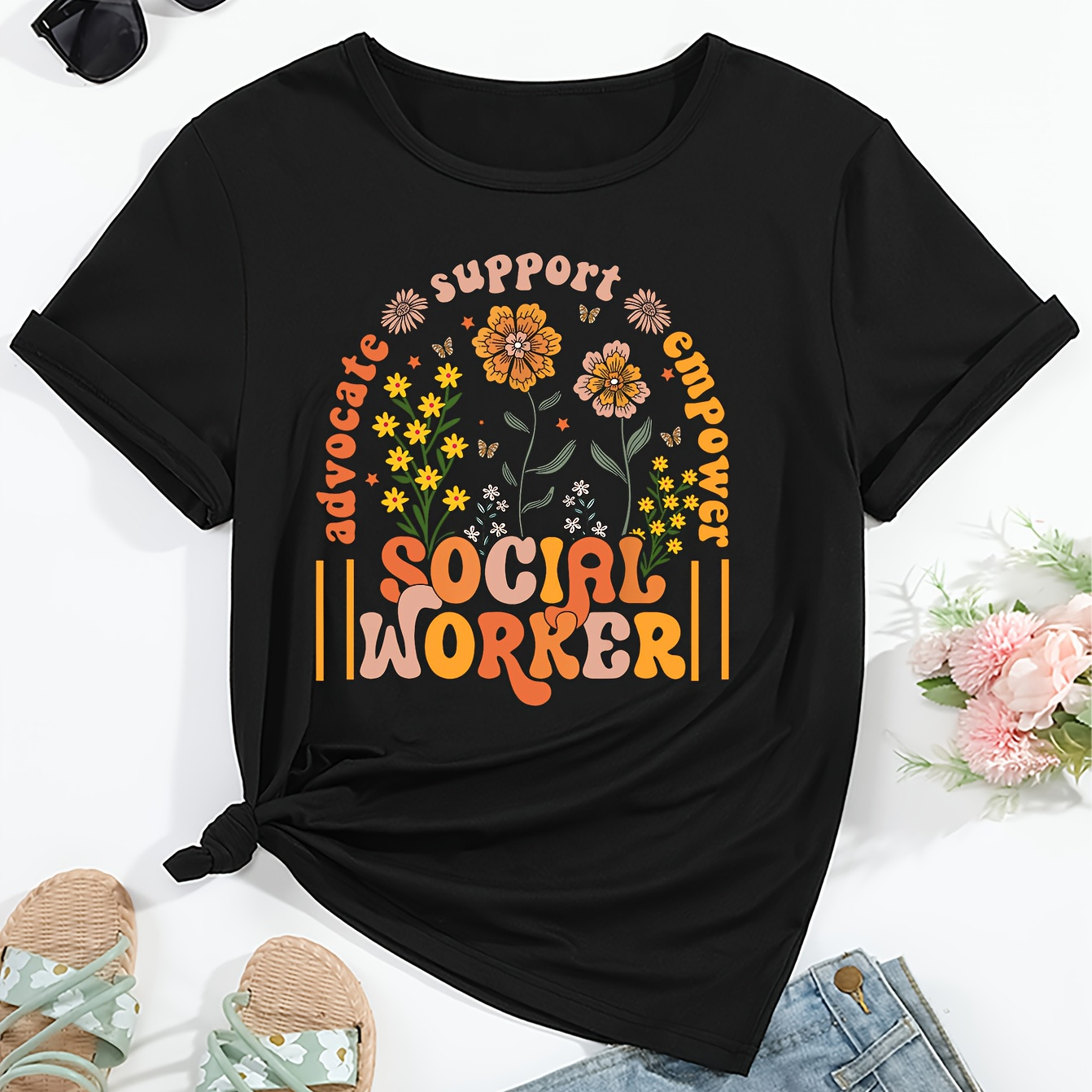 

Women's Short Sleeve T-shirt With Social Worker Print, Comfortable Casual Round Neck Tee For Ladies, Fashionable Summer Top