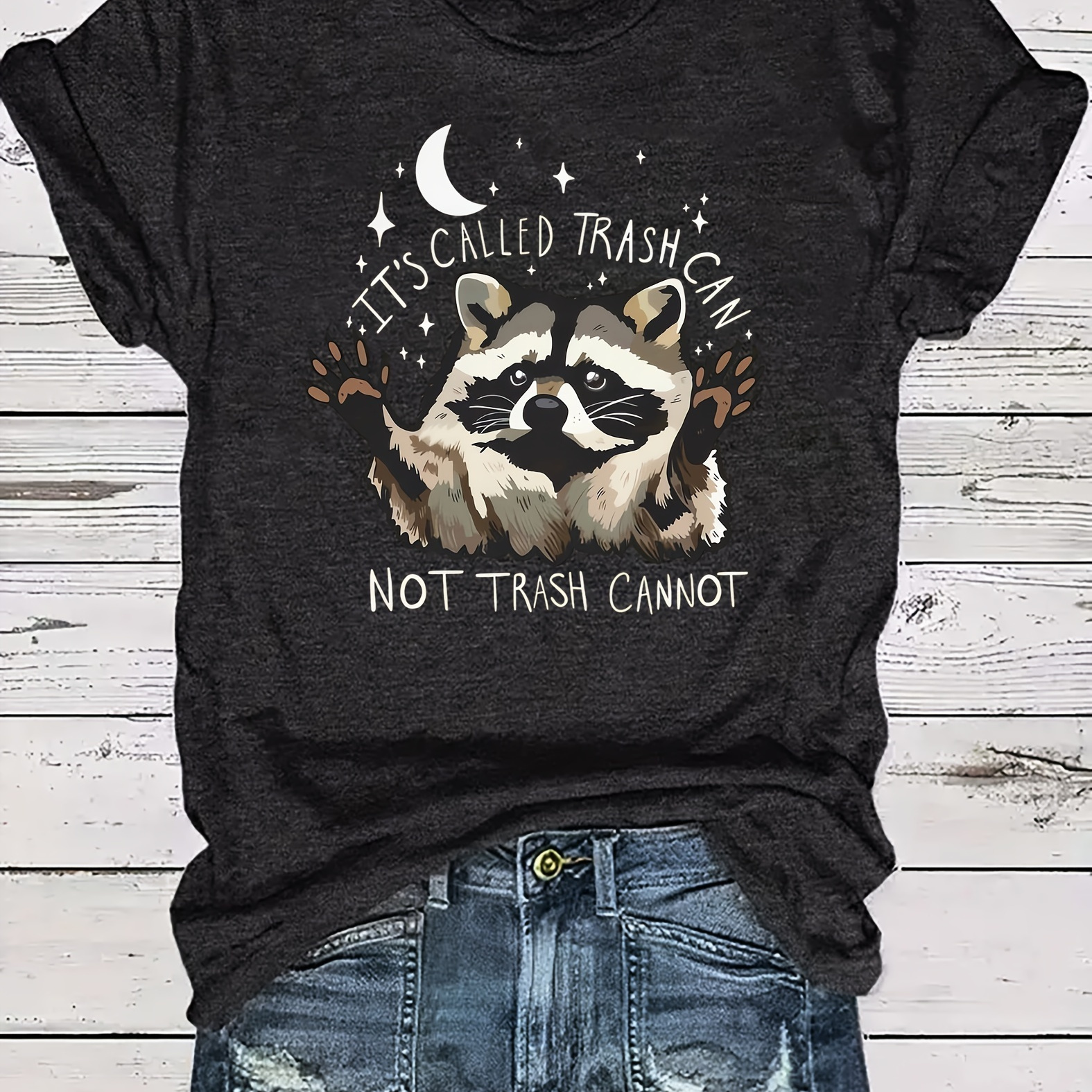 

Cute Raccoon Print Crew Neck T-shirt, Casual Short Sleeve Top For Spring & Summer, Women's Clothing