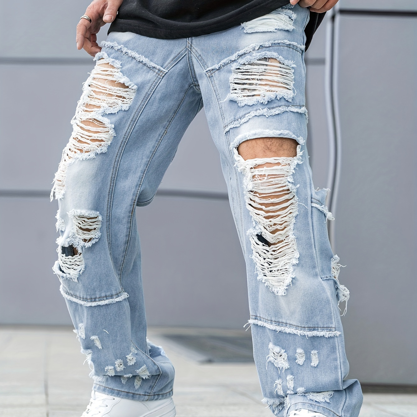 

Men's Cotton Blend Regular Ripped Jeans, Casual Street Style Distressed Denim Pants