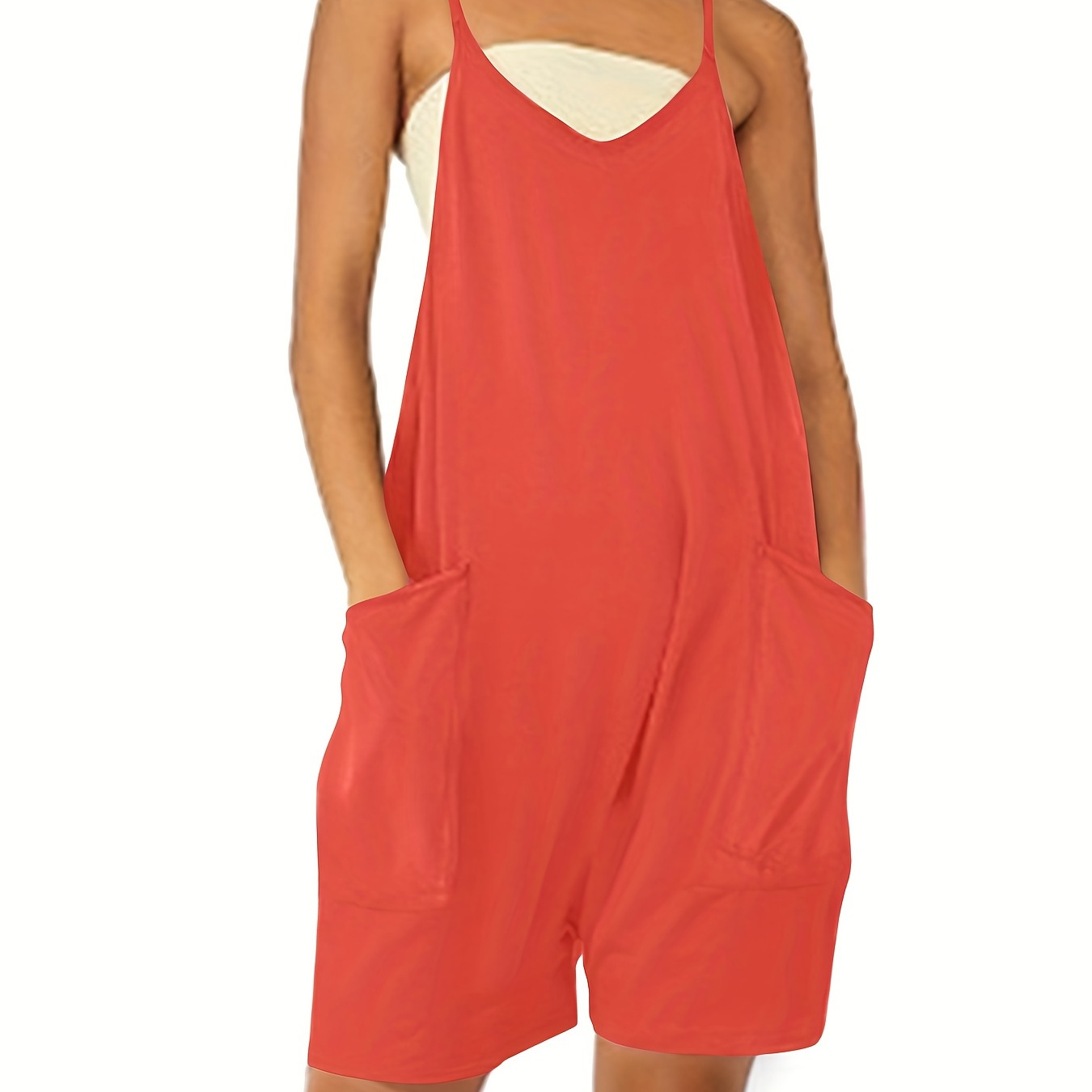 

V Neck Sleeveless Romper, Solid Casual Pocket Jumpsuit For Summer & Spring, Women's Clothing