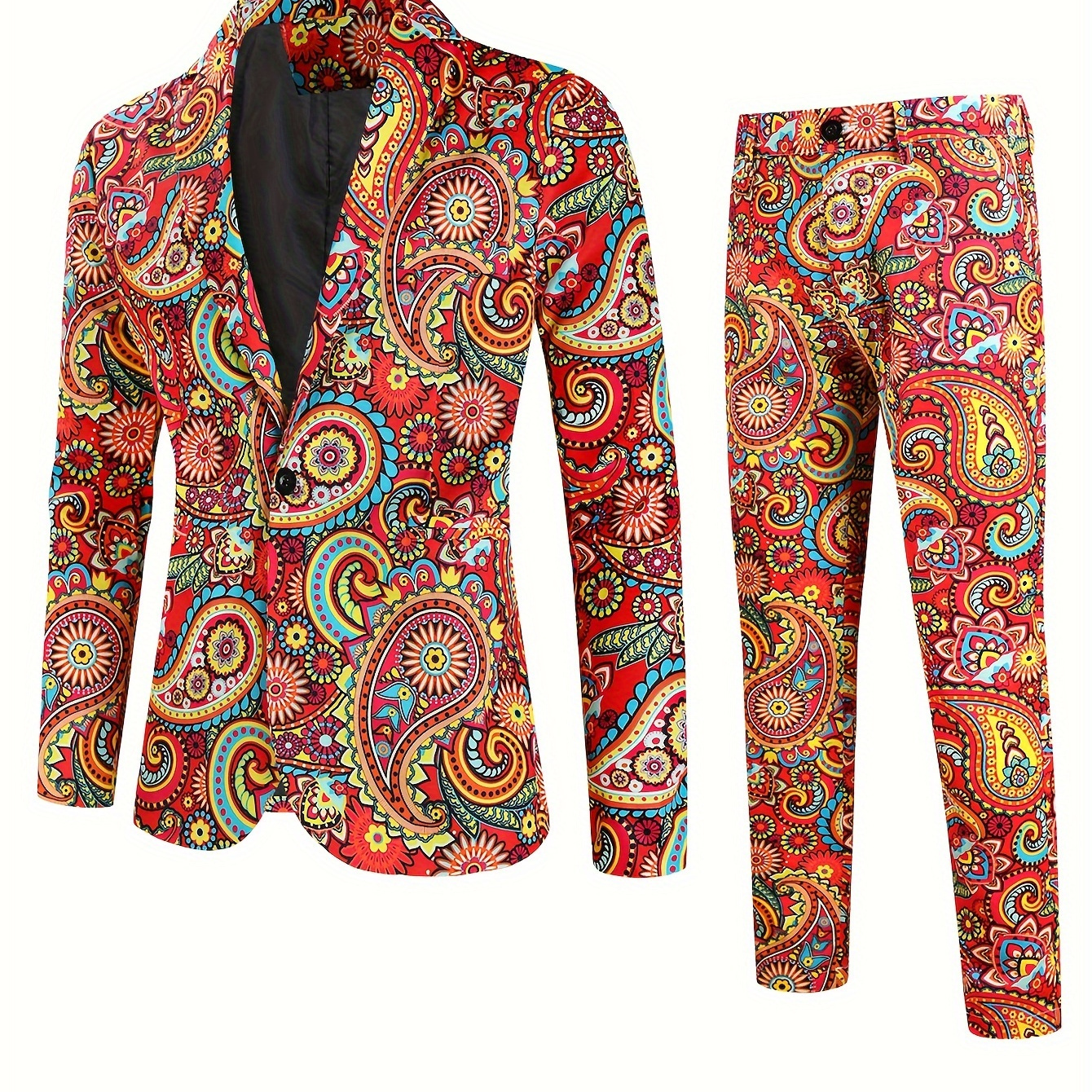 

Men's Stylish Casual Blazer And Pants Set, 2-piece Vibrant Paisley Pattern Digital Print Suit Set, Tailored Fit For Party & Daily Wear
