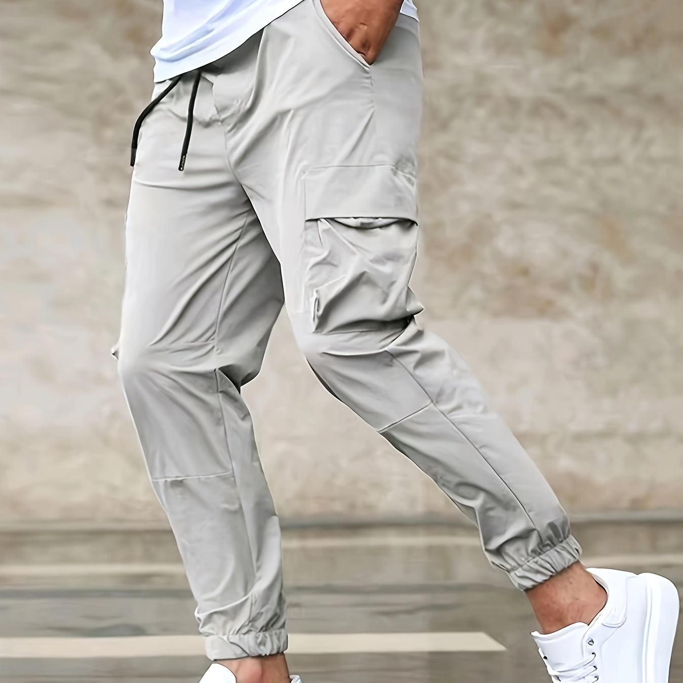 Calça Jogger Com Bolso Com Aba Sólida E Cordão Calça Cargo - Temu Portugal