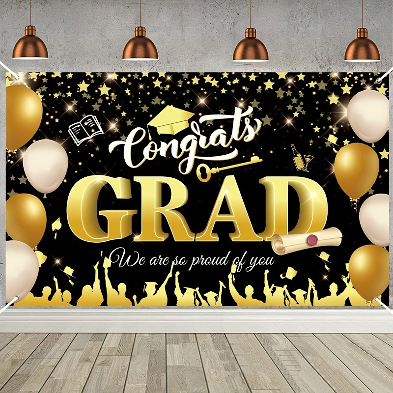 1pc, 5×3ft Class Of 2024 Graduation Backdrop Black Gold Glitter Large ...