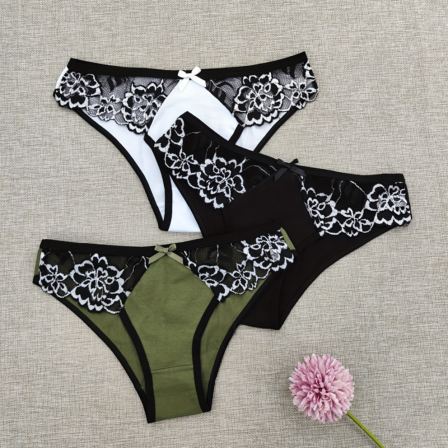 

3pcs Bow Decor Floral Embroidery Fabric Low Waist Briefs, Elegant Comfy Breathable Stretchy Intimates Panties, Women's Lingerie & Underwear