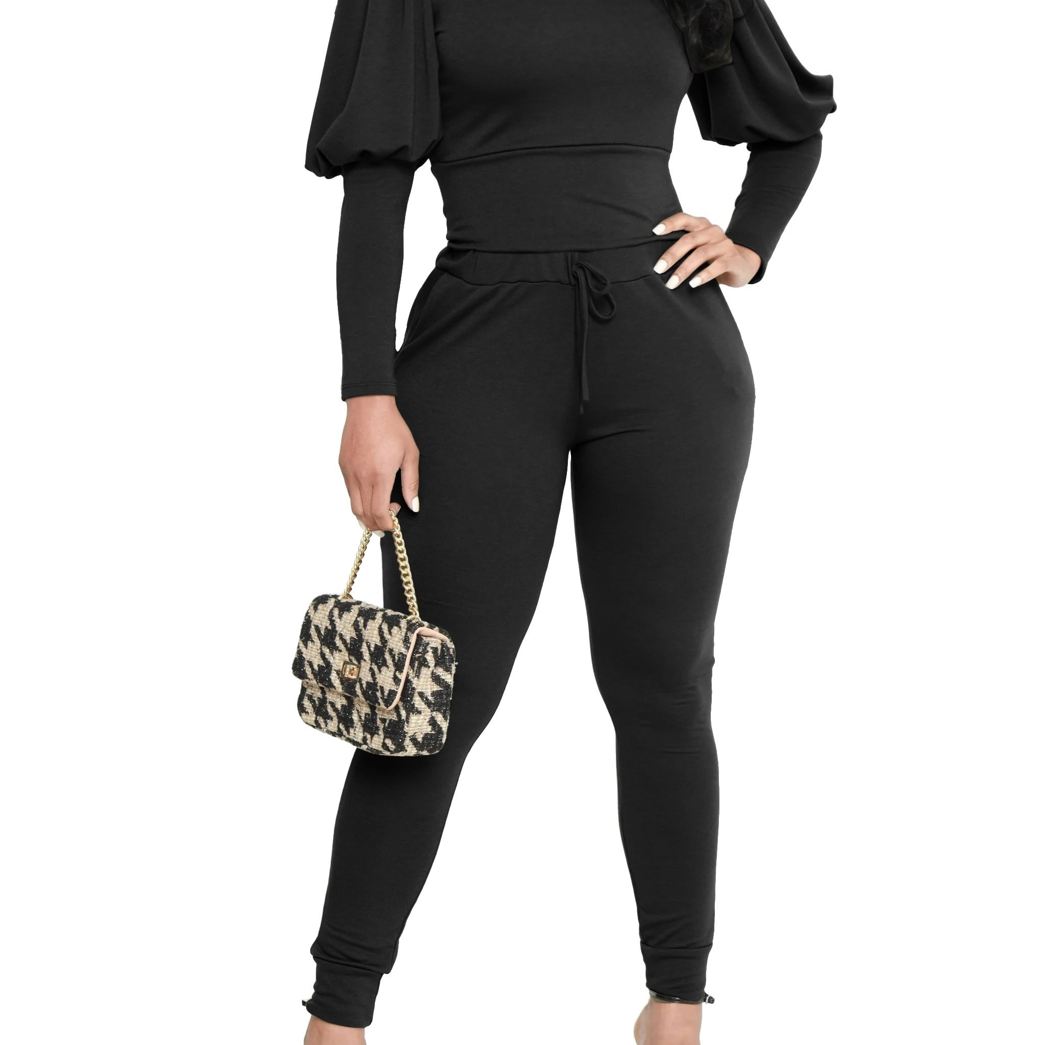 

3370 Women'-piece Set With Fluffy Sleeve Top And Jogging Pants, Fashionable Sporty Outfit