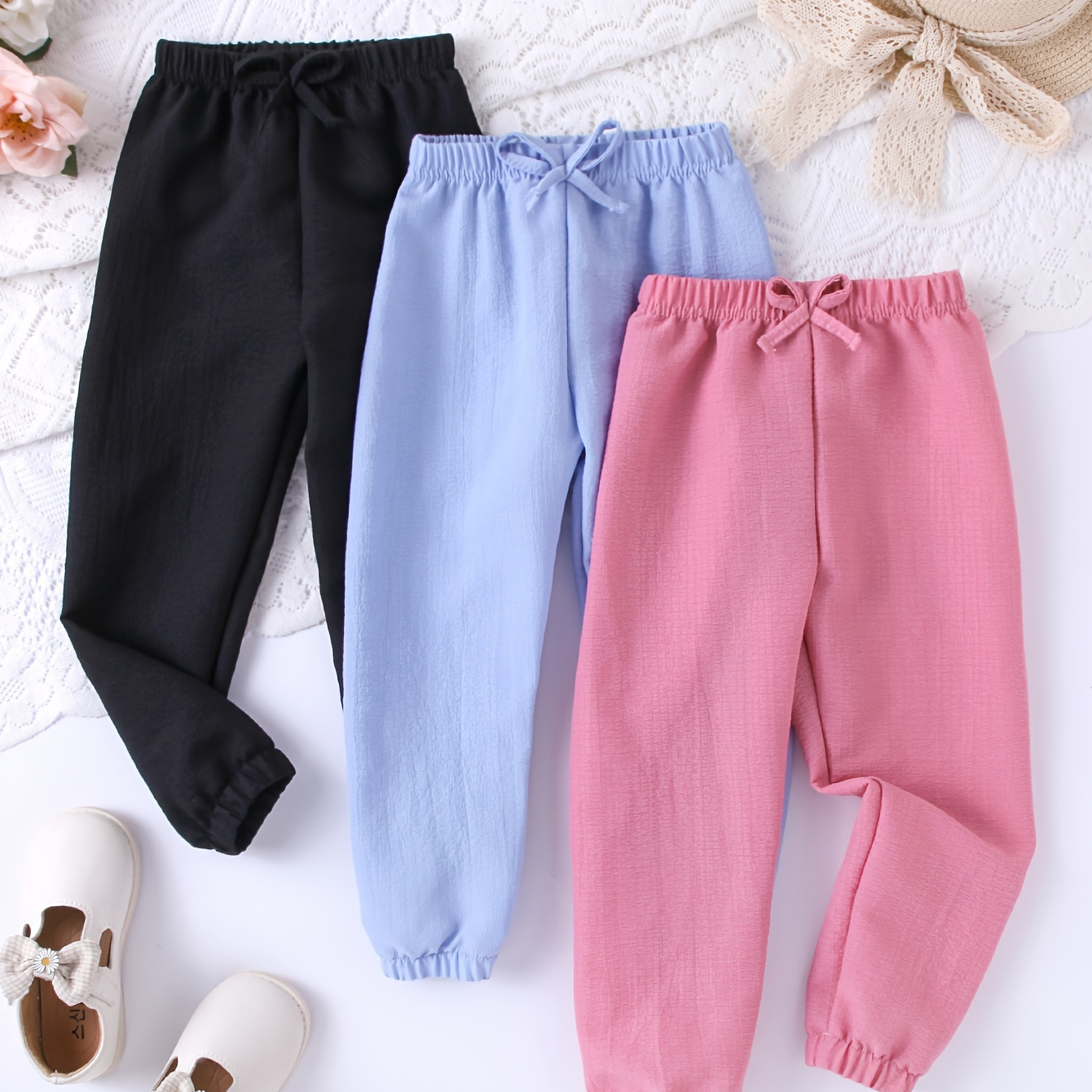 

3pcs Girls Comfy Solid Bow Decor Elastic Waist Jogger Pants Set For Spring Summer Party Gift