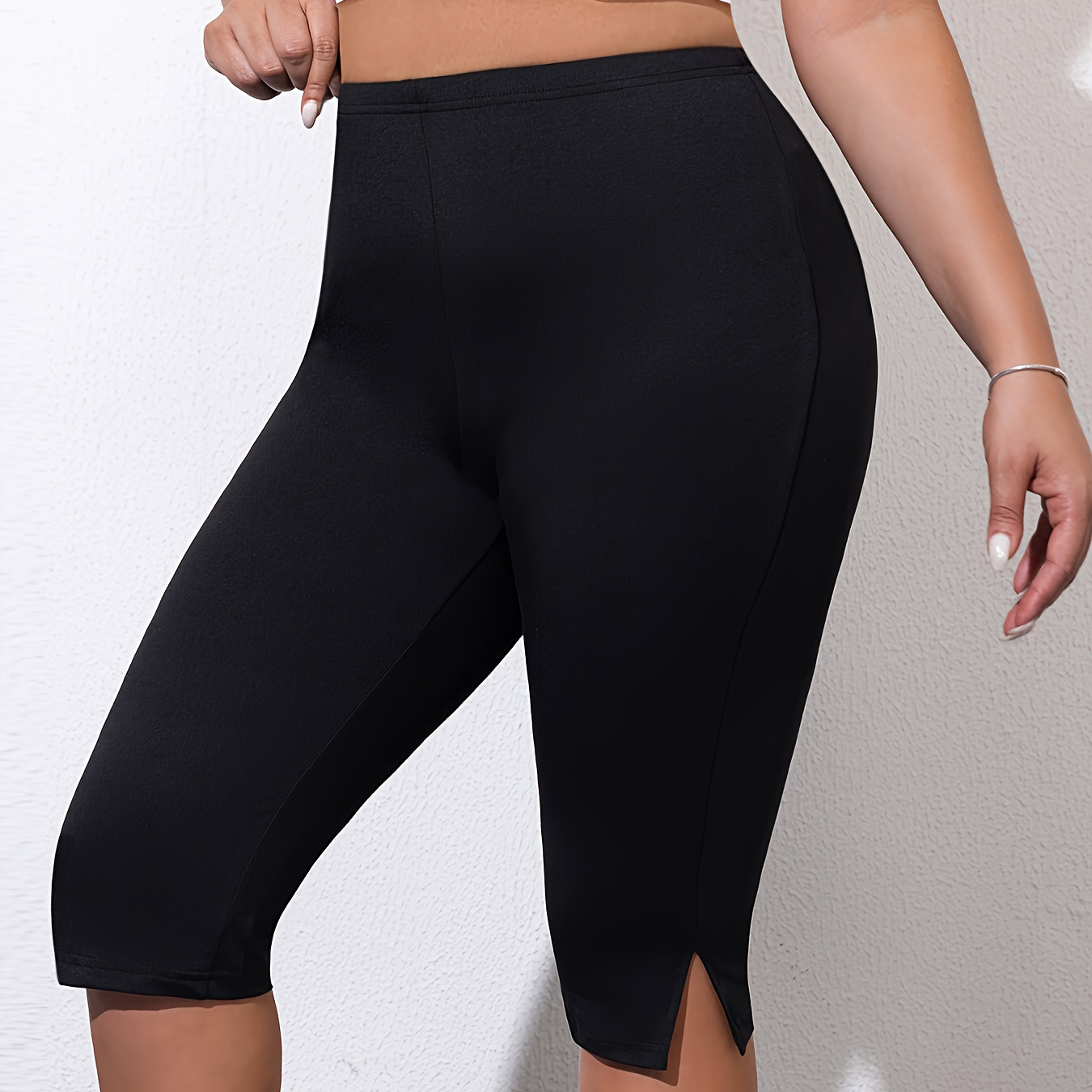 

Plus Size Solid Slit Skinny Leggings, Casual High Waist Stretchy Leggings, Women's Plus Size Clothing