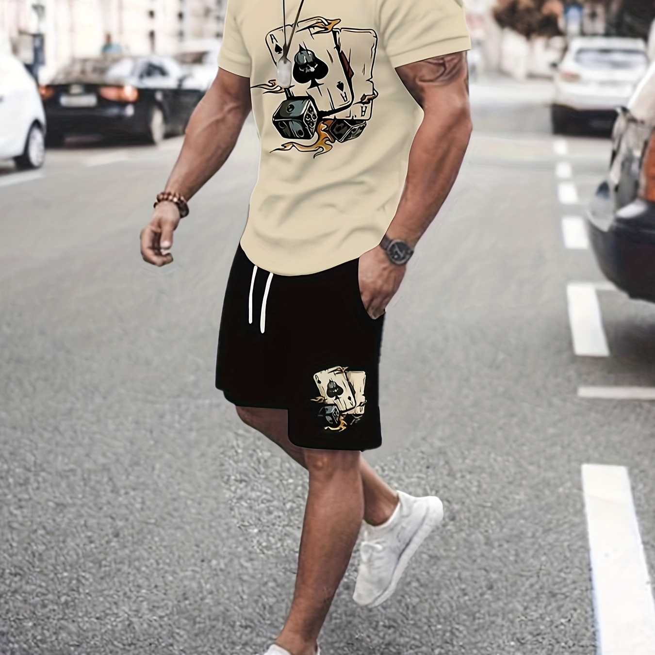 

Men's Casual Printed Sports Short Sleeve Set, Crew Neck Knit Polyester 100%, Slight Stretch Regular Fit, Summer Lash Sets, 150gsm Fabric Weight