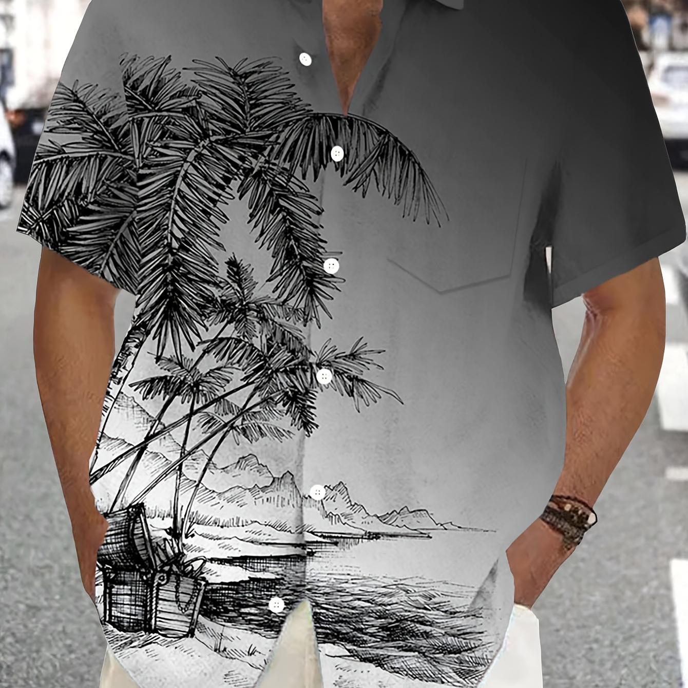 

Vintage Plant Leaf Landscape Painting Gradient 3d Men's Button Pocket Short Sleeve Shirt