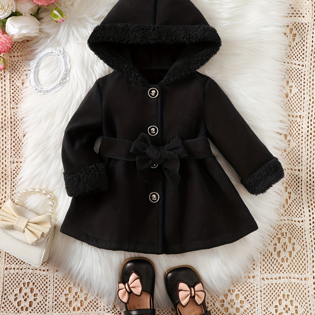 

Baby Girls Elegant & Stylish Autumn And Winter Solid Color Fuzzy Stitching Hooded Jacket