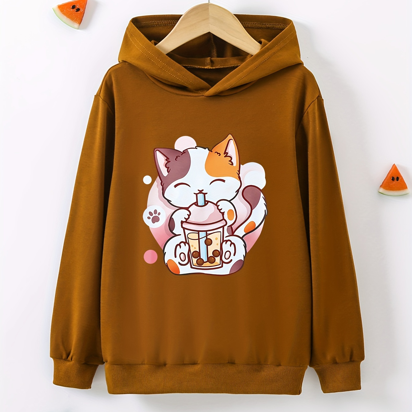 

Girl's Cartoon Cat Bubble Tea Print Loose Long Sleeve Hoodies Casual Girls Outwear For Autumn And Spring