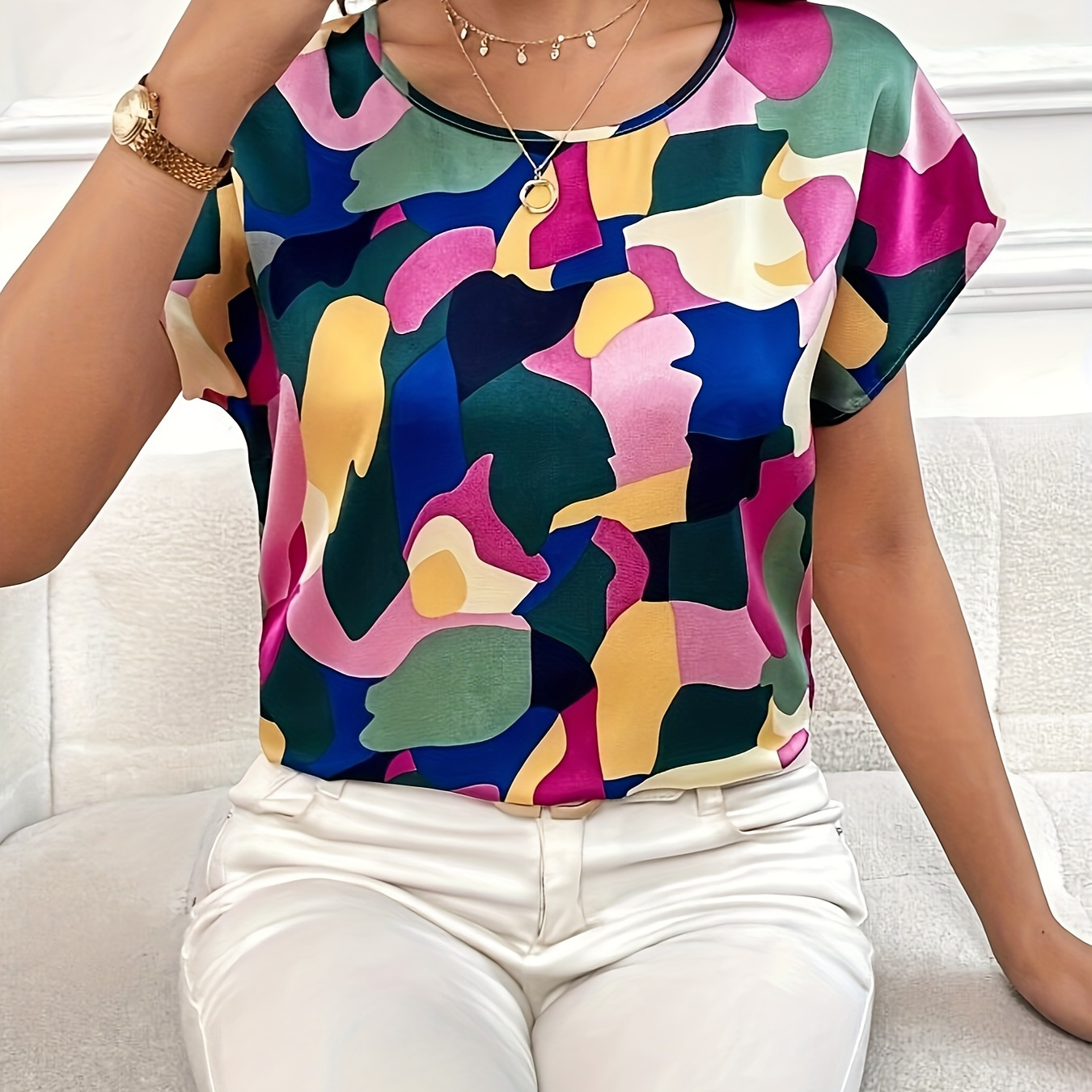 

Allover Print Crew Neck Blouse, Elegant Short Sleeve Blouse For Spring & Summer, Women's Clothing