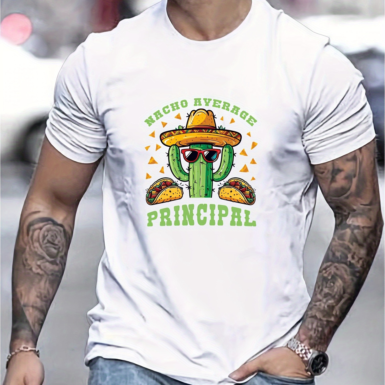 

Mexican Cacti Creative Print Stylish Cotton T-shirt For Men, Crew Neck Short Sleeve, Casual Tee, Versatile Top For Spring And Summer, Trendy Streetwear Fashion