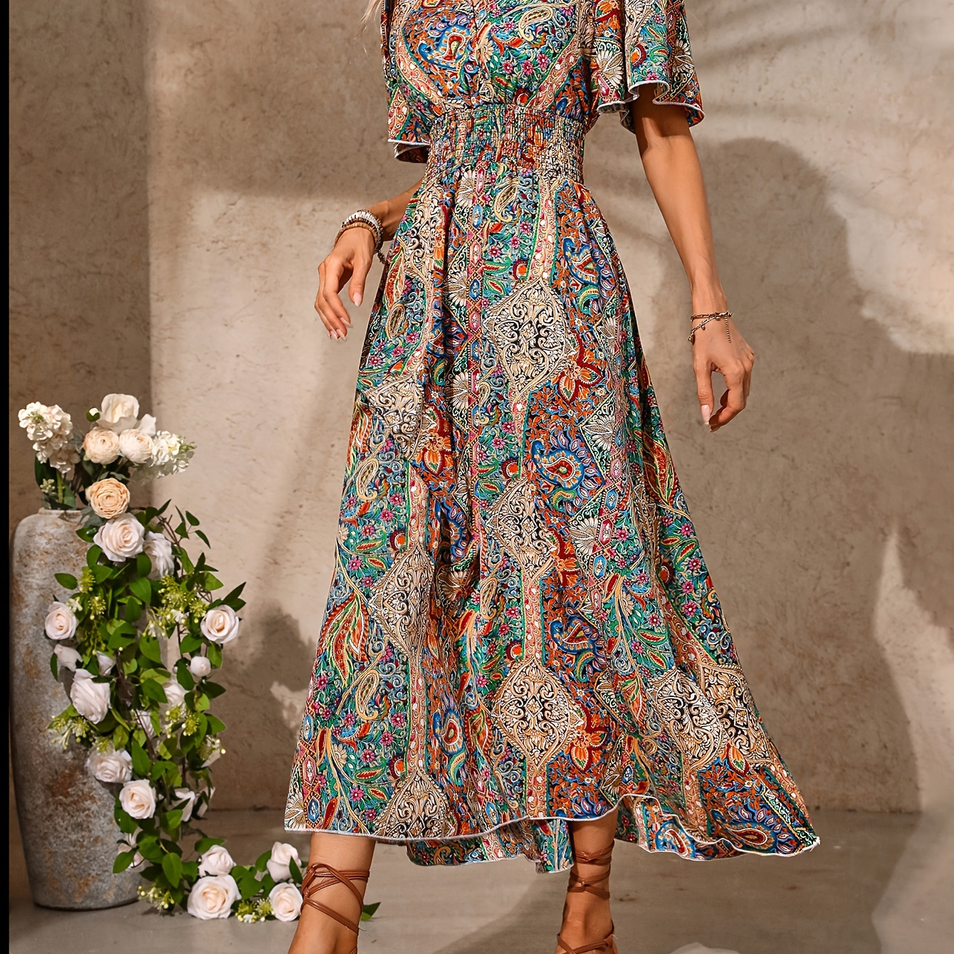 

Paisley Print V Neck Dress, Elegant Short Sleeve Shirred Dress For Spring & Summer, Women's Clothing