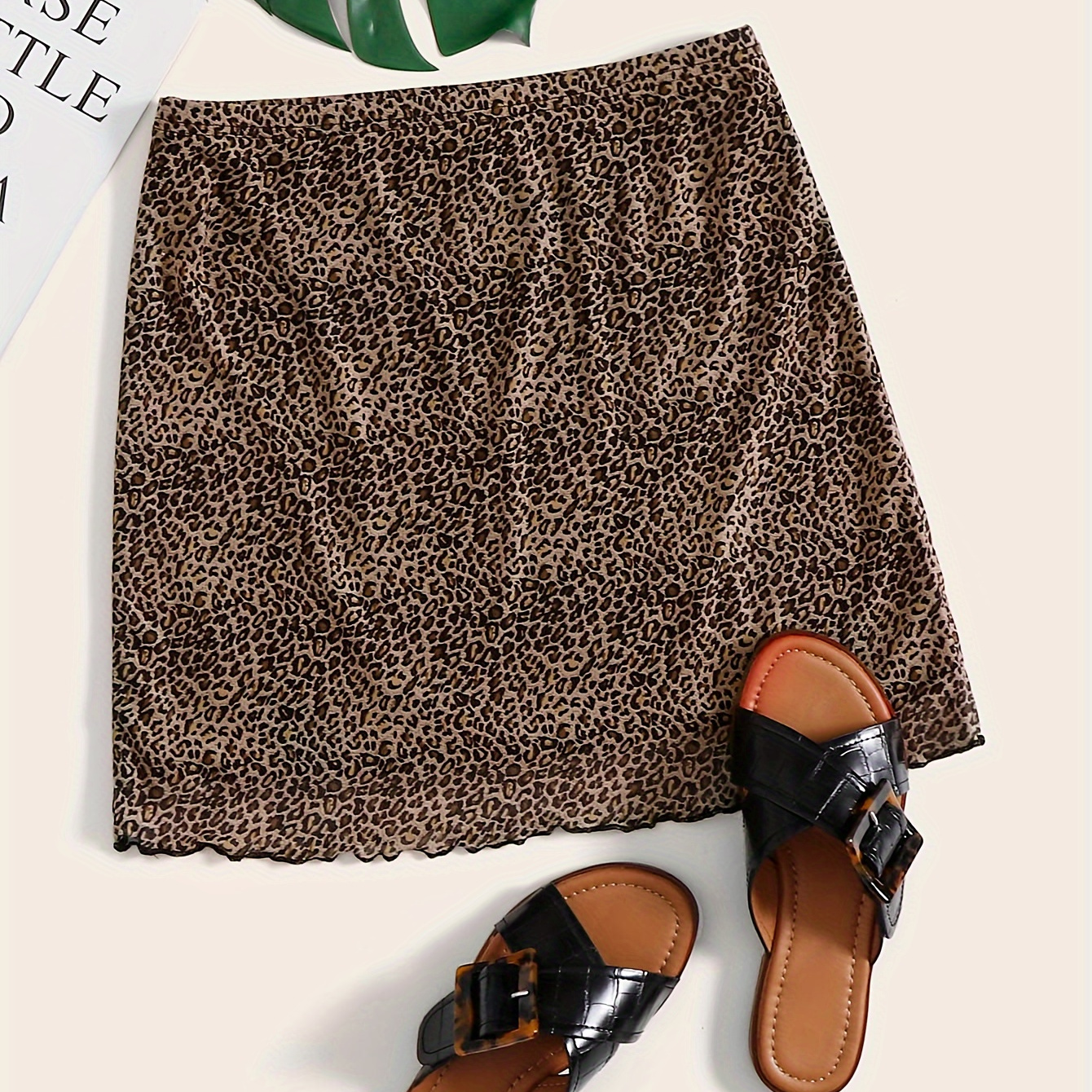 

Leopard Pattern Lettuce Trim Skirt, Casual Skirt For Spring & Summer, Women's Clothing