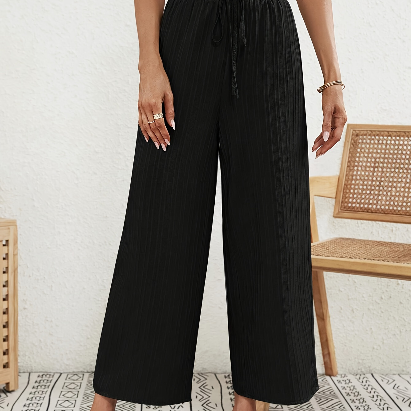 

Solid Wide Leg Ribbed Pants, Casual High Tie Waist Loose Cropped Pants For Spring & Summer, Women's Clothing