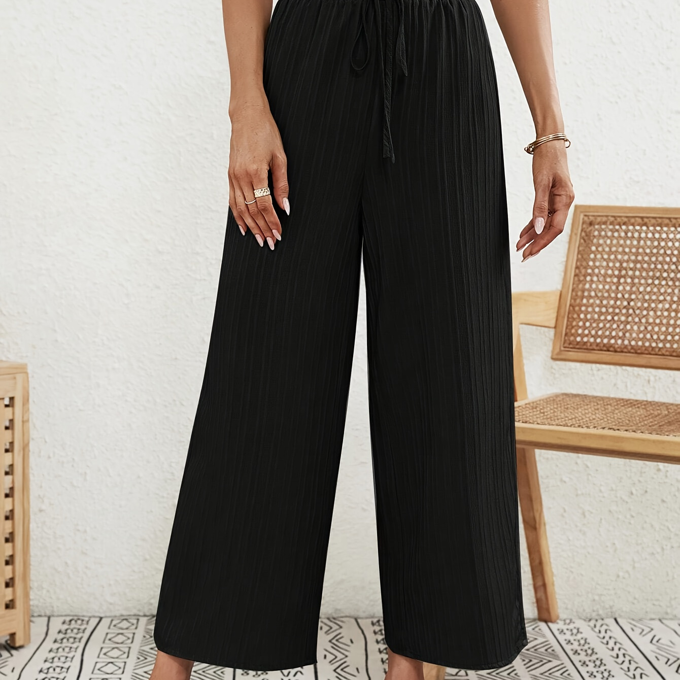 

Solid Wide Leg Ribbed Pants, Casual High Tie Waist Loose Cropped Pants For , Women's Clothing