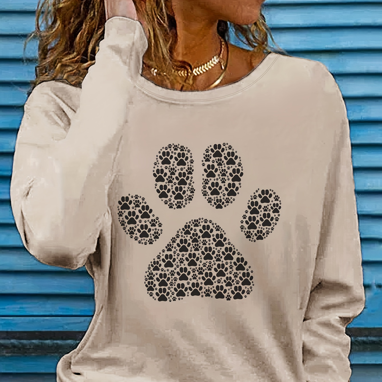 

Puppy Paw Print Tee, Casual Long Sleeve Crew Neck T-shirt, Women's Clothing