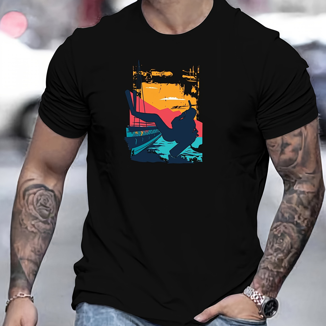 

Scuba Diving Illustration Print Men's Cotton T-shirt, Casual Short Sleeve Crew Neck Top, Men's Summer Clothing