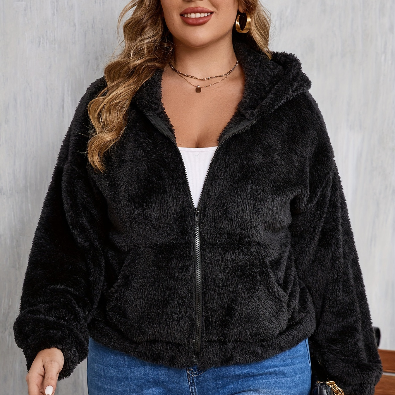 

Plus Size Solid Hooded Fuzzy Jacket, Casual Drop Shoulder Zip Up Warm Jacket For Winter, Women's Plus Size Clothing