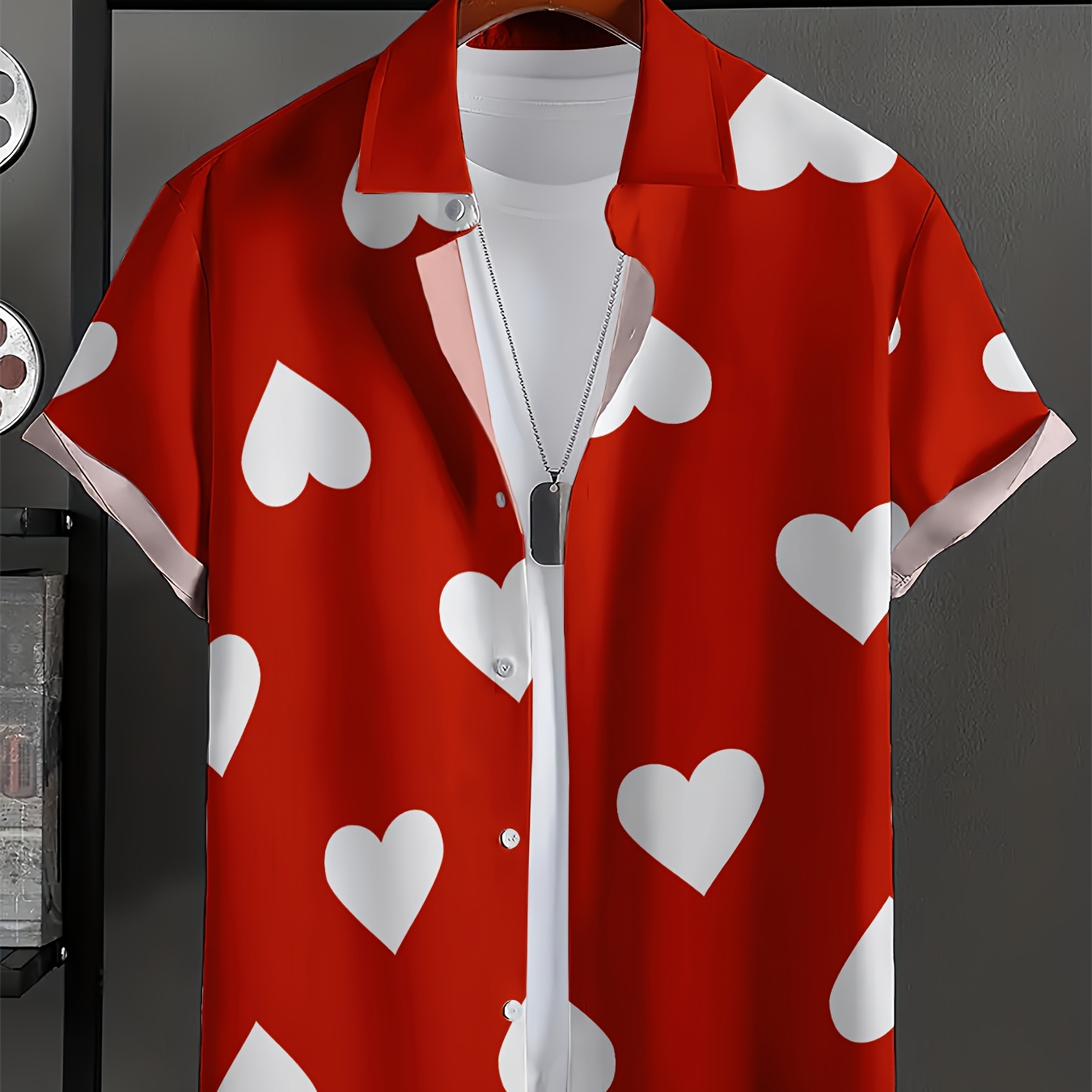 

Men's Valentine's Day Love Heart Print Short Sleeve Shirt - Casual Button-up With Camp Collar, Breathable Polyester, Ideal For &