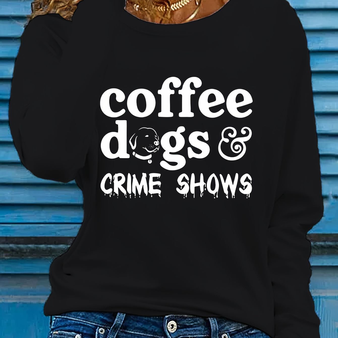 

Women's Long Sleeve Casual Crew Neck T-shirt With Coffee, Dogs & Shows Applique, 100% Polyester Knit Fabric With Slight Stretch, Fall Season Pullover Top