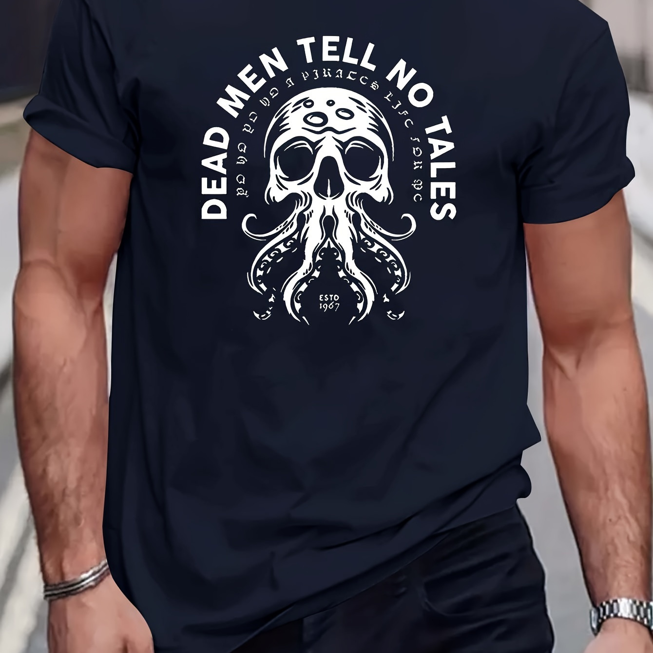 

Dead People Don't Talk Men's Skull Print Crew Neck Short Sleeve, Casual Daily T-shirt, Comfy Breathable Clothing For Summer