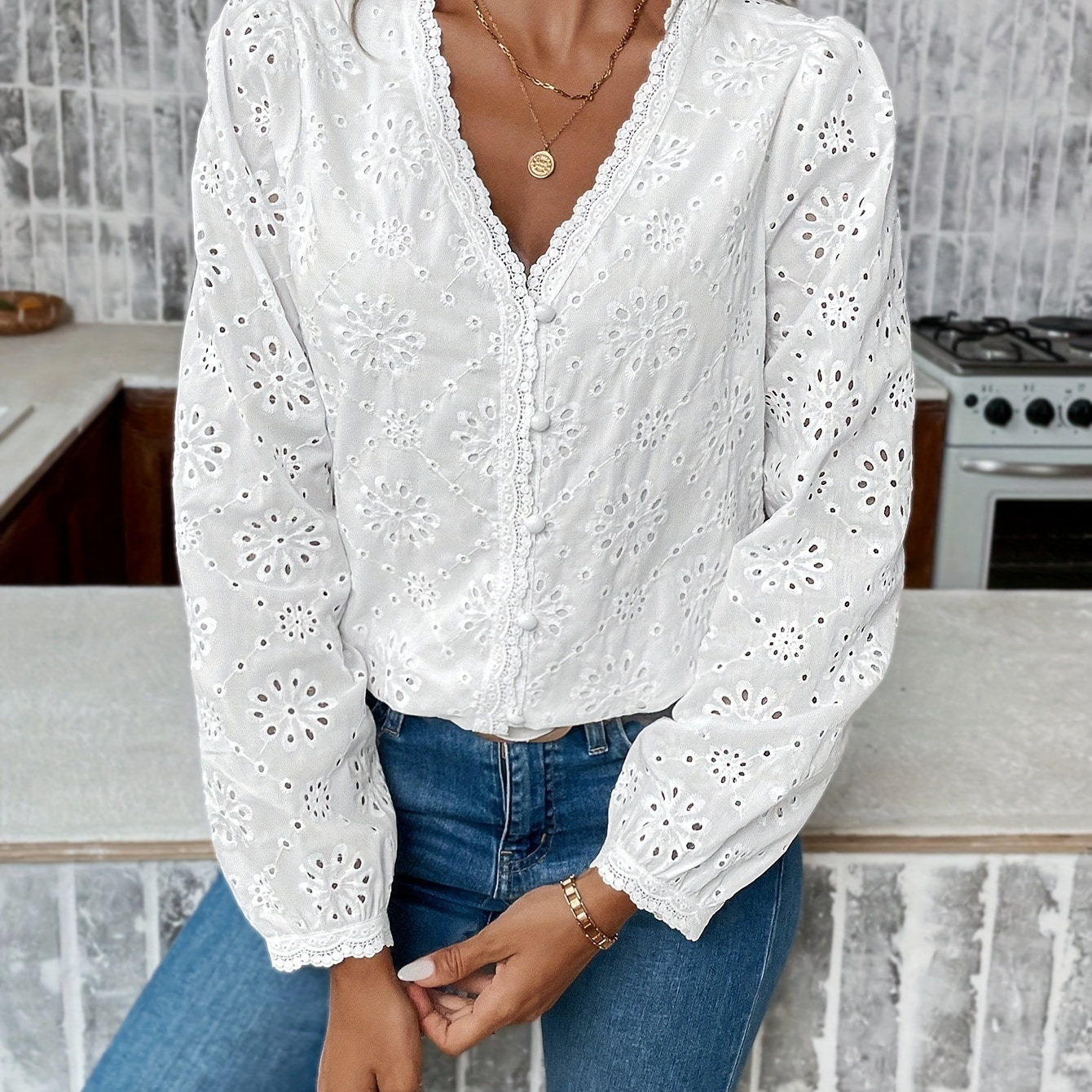 

1pc Elegant V-neck Long Sleeve Eyelet Embroidery Button-down Shirt For Women, Polyester, Spring/