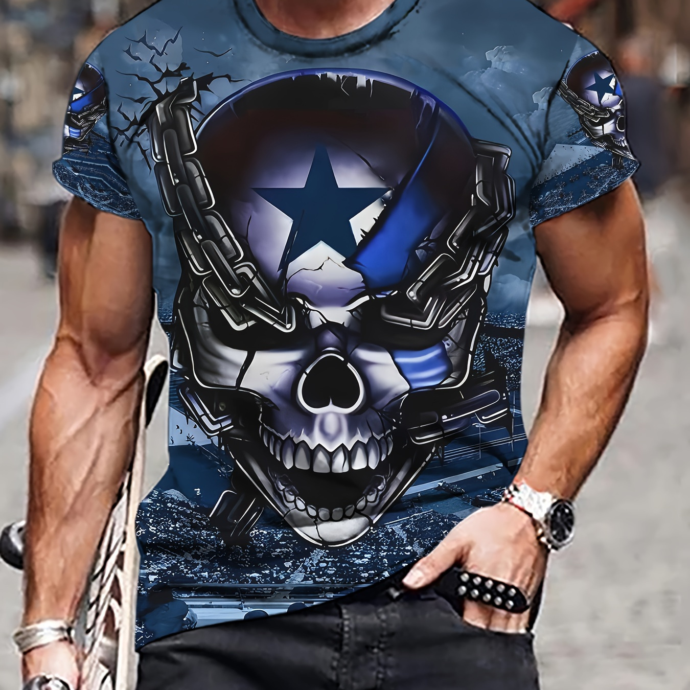 

Men's Skull Print T-shirt, Casual Short Sleeve Crew Neck Tee, Men's Clothing For Outdoor