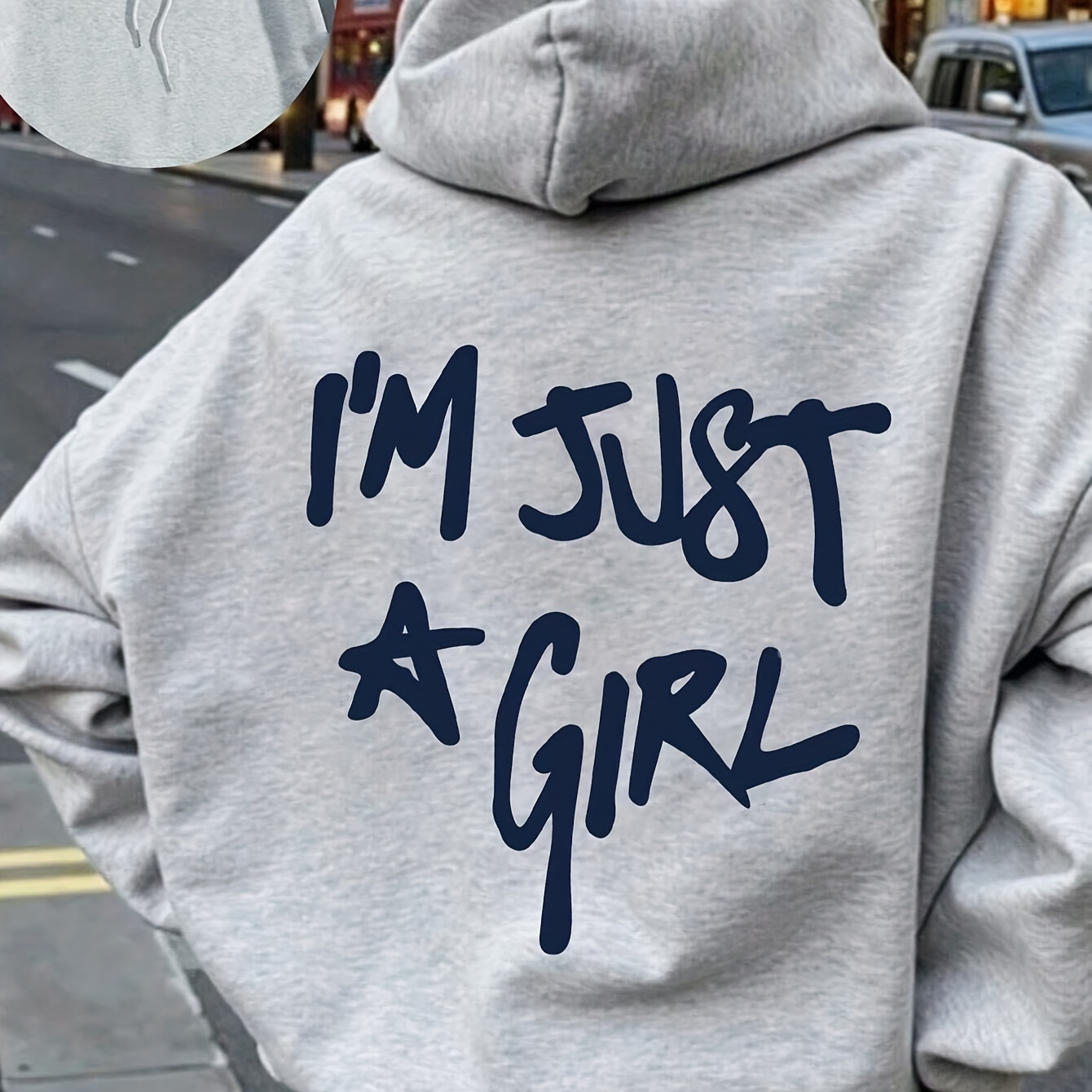 

Women's "i'm " Graphic Hoodie - Cozy Gray Polyester Sweatshirt With Navy Blue Lettering, Drawstring Hood For Fall & Winter, Machine Washable, Oversized Hoodie