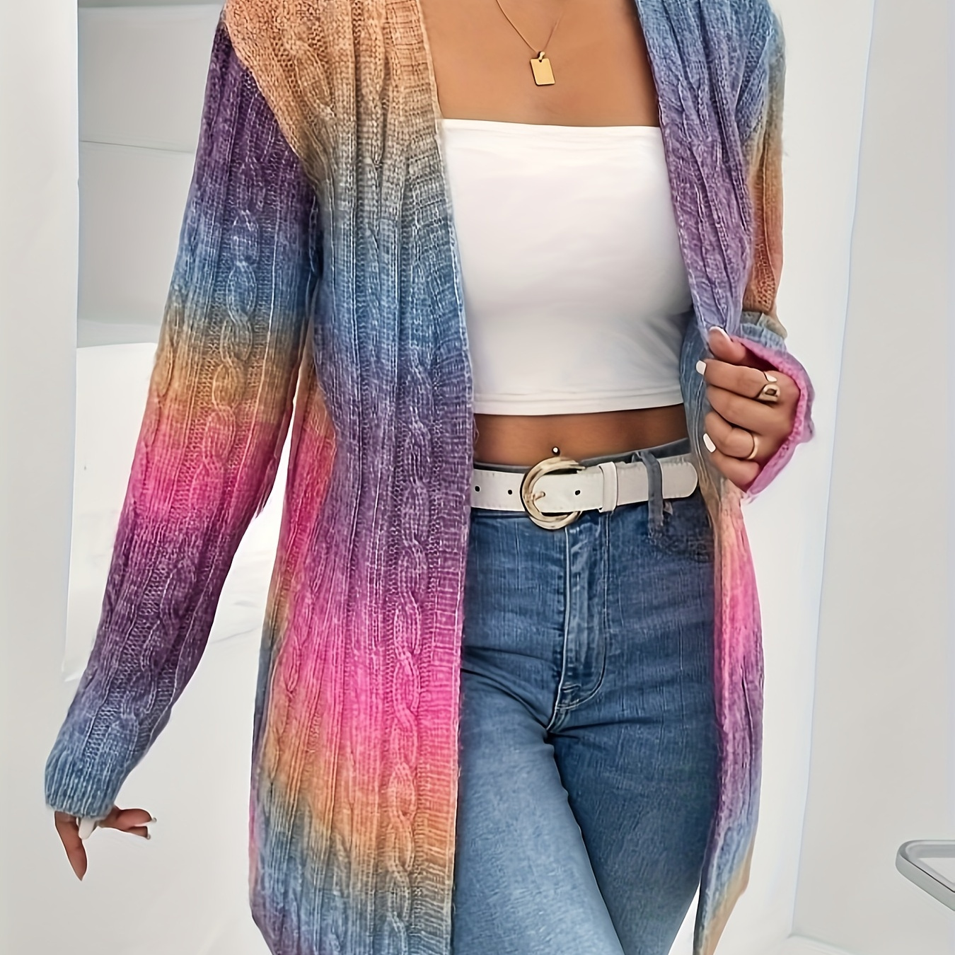 

Gradient Print Open Front Cardigan, Long Sleeve Cardigan For Spring & Fall, Women's Clothing