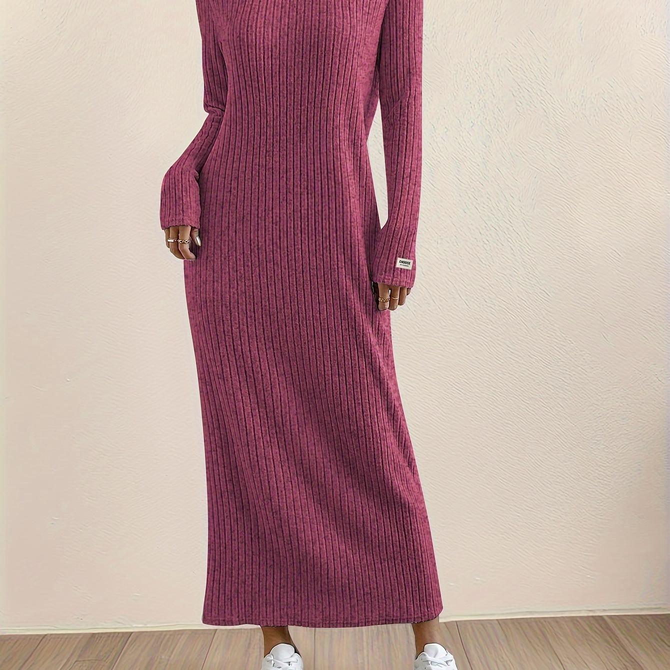 

New Women's Round Neck Beanie Knitted Wearable And Underwear Long Sleeve Slimming Loose Step Dress Plain Color Lazy Style Long Dress