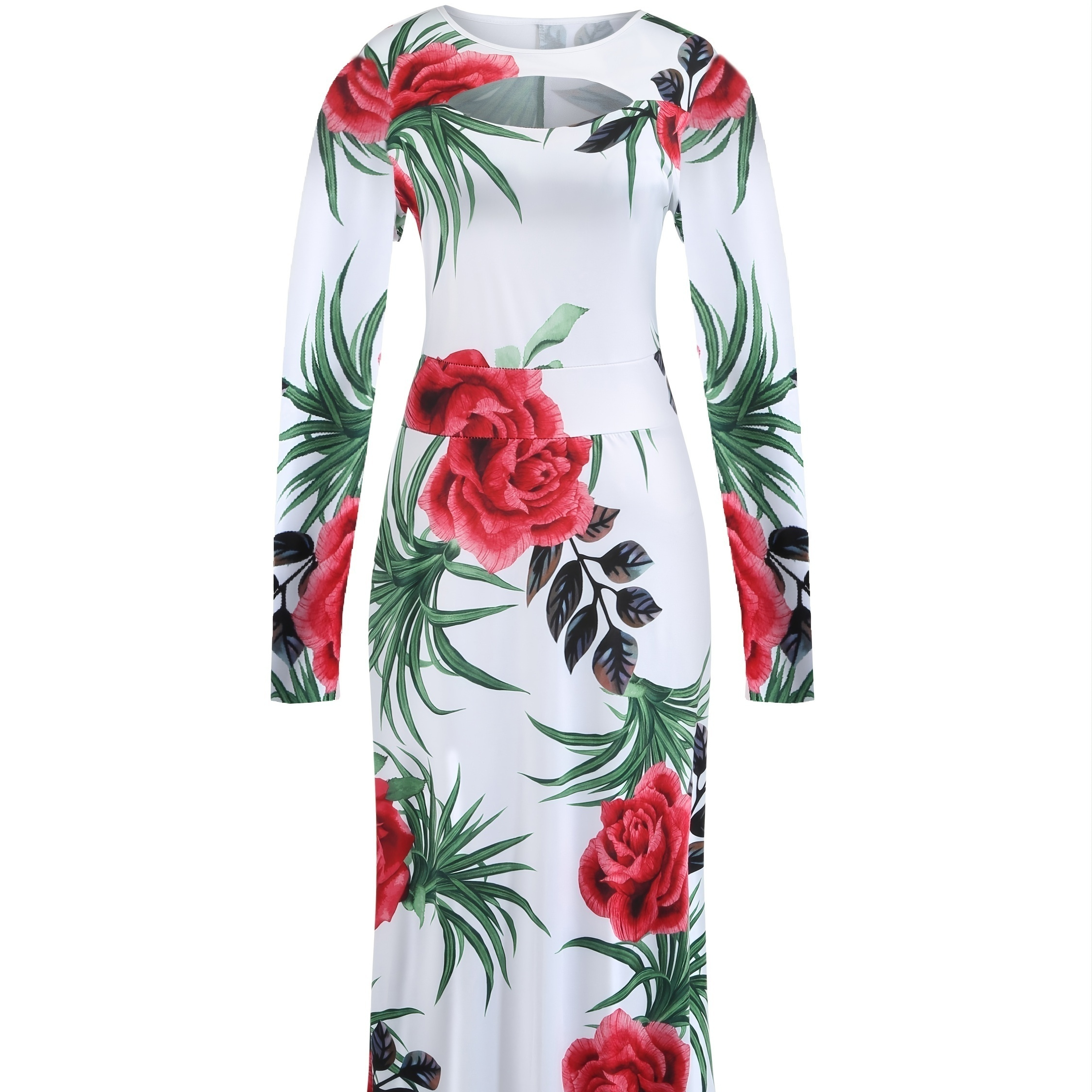 Plus Size Floral Print Long Sleeve Cut Out Maxi Dress Women S Plus Medium Stretch Elegant Long