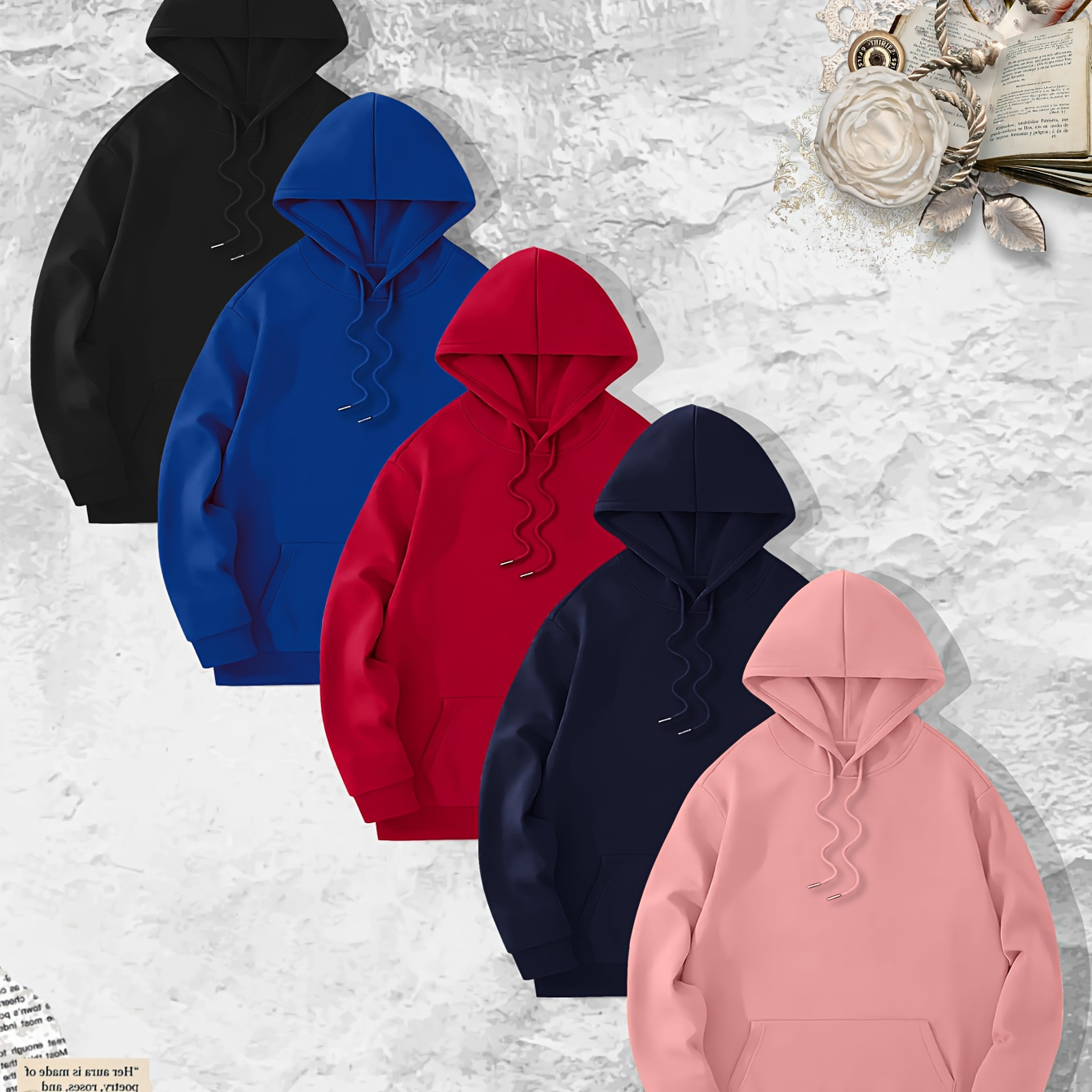 

5pcs Casual Solid Men's Hooded Sweatshirt With Drawstring And Kangaroo Pocket, Men's Pullover Tops For Fall Winter