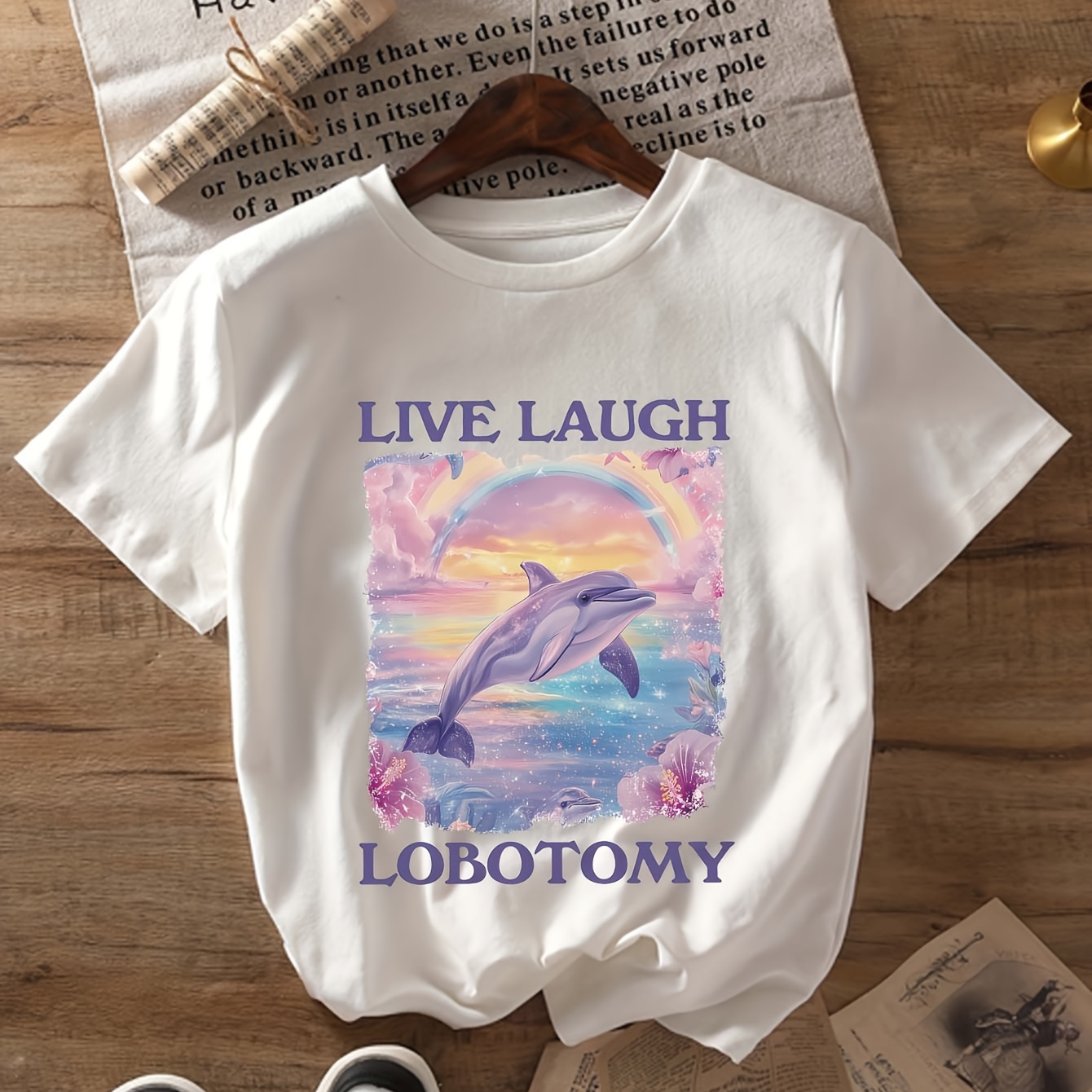 

Women's Funny Dolphin Meme T-shirt, 95% Polyester 5% Elastane, Crew Neck Short Sleeve Casual Top, Summer Knit Fabric Tee, Regular Length - Cartoon Graphic Shirt