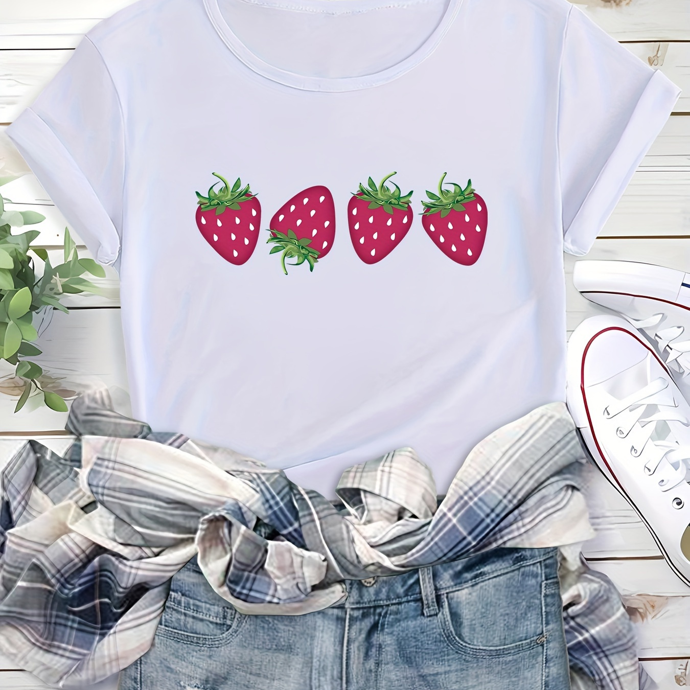 

Strawberry Print Crew Neck T-shirt, Fashion Comfortable Short Sleeves Sports Pullover Top, Women's Activewear