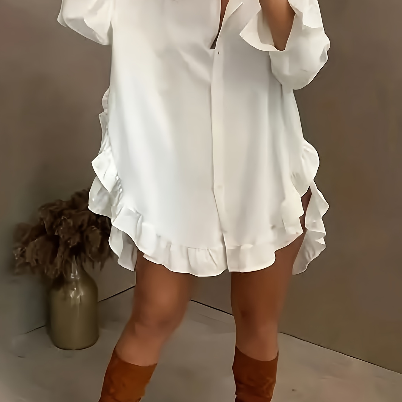 

Ruffle Hem Button Front Blouse, Stylish Long Sleeve Oversized Blouse For Spring & Fall, Women's Clothing