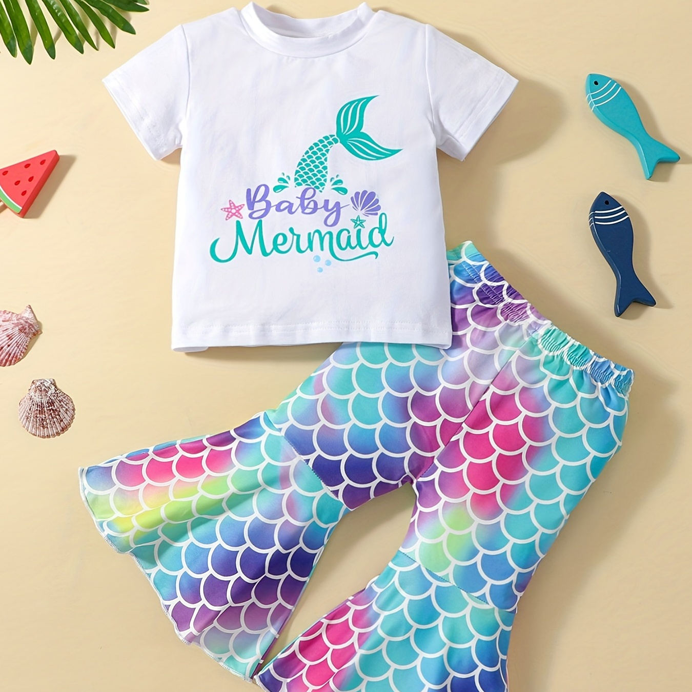 

2pcs Baby Girls Cute "baby Mermaid" Round Neck T-shirt & Fish Scale Flared Pants Set Clothes