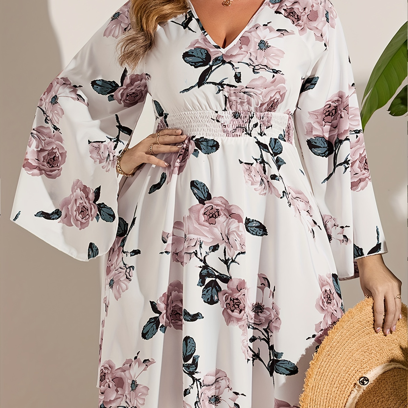 

Plus Size Floral Print Cinched Waist Dress, Vacation V Neck Long Sleeve Dress For Spring & Fall, Women's Plus Size Clothing
