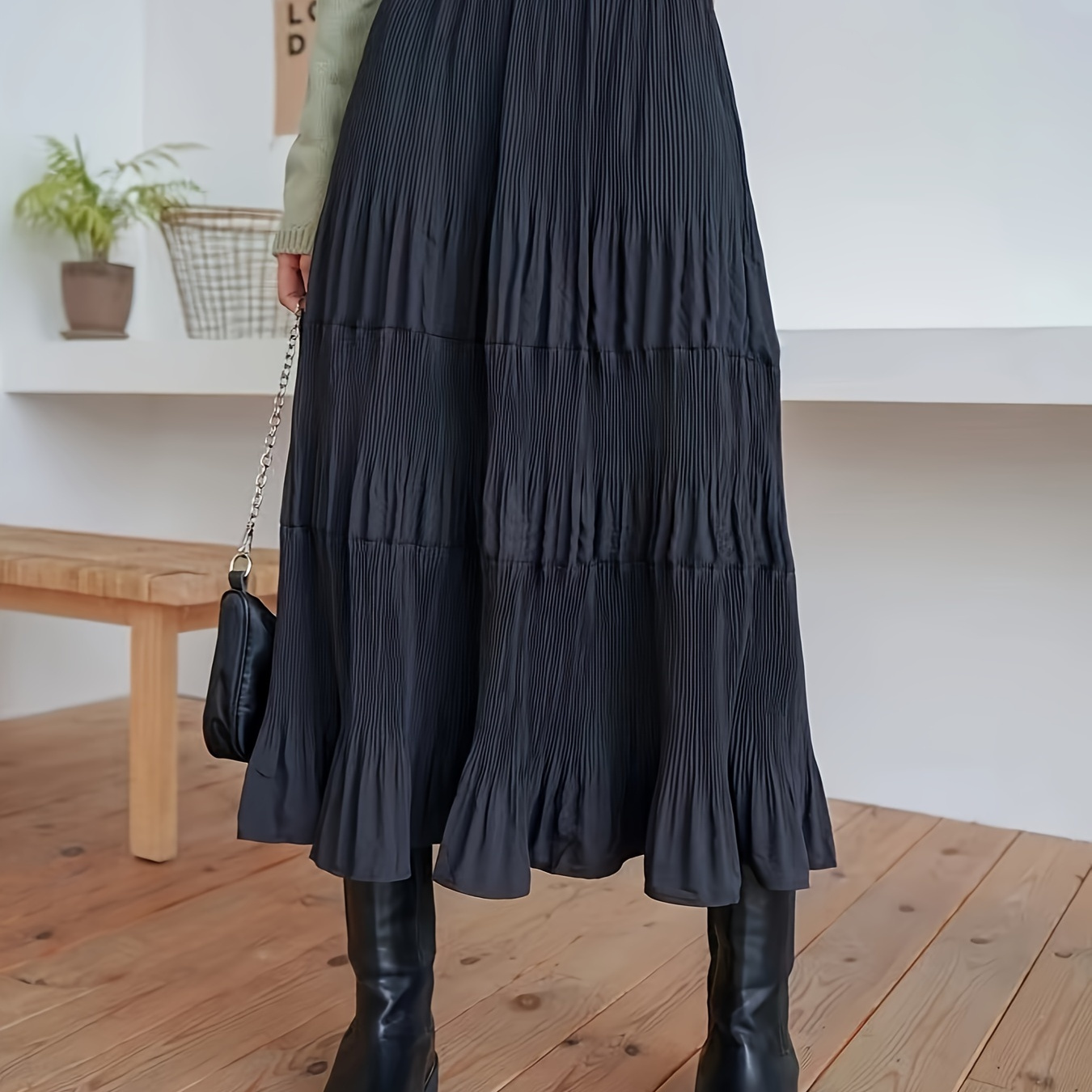 

Plain Color High Waist Umbrella Shape Skirt, Elegant Loose Black Temperament Skirt For Spring & Summer, Women's Clothing