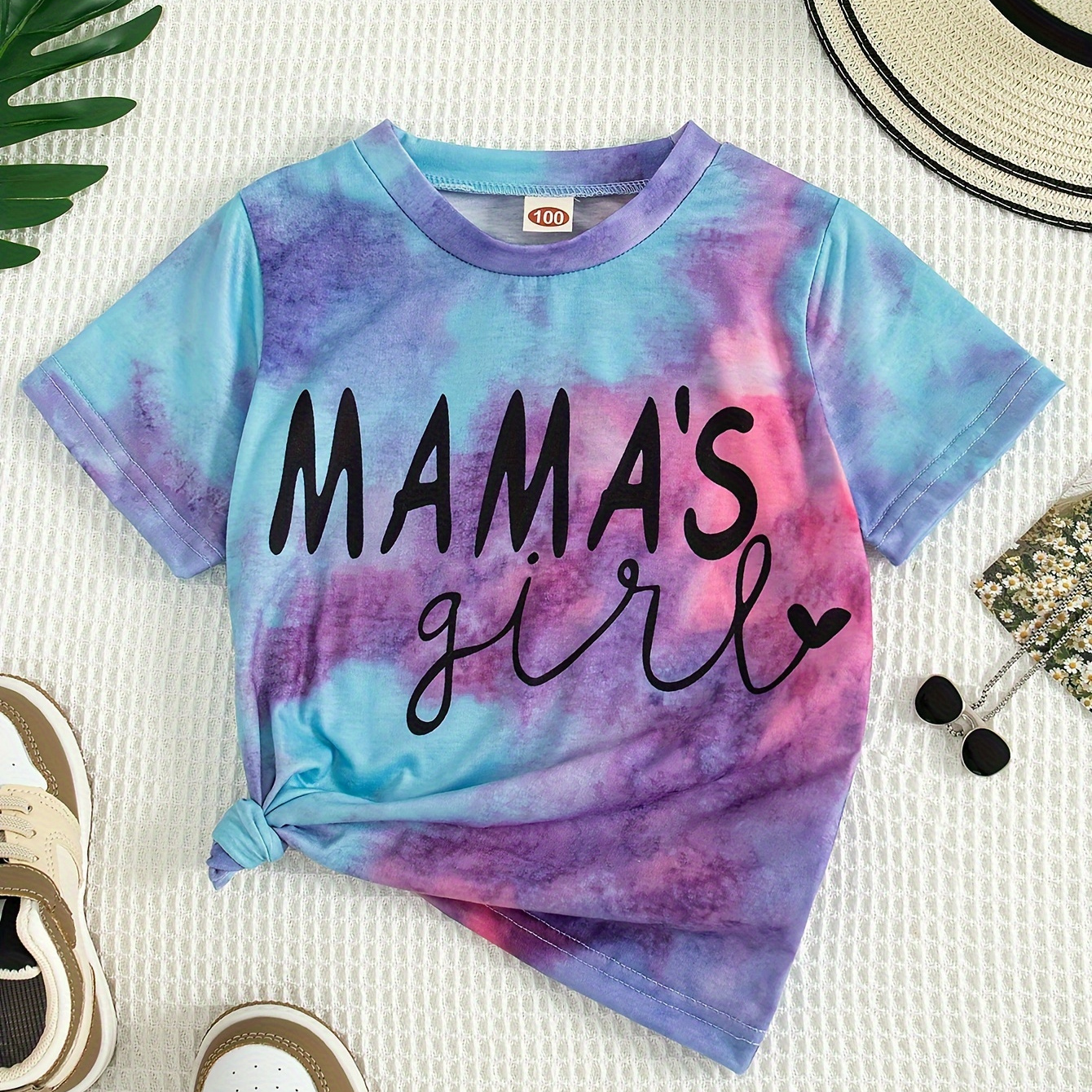 

Tie Dye Pattern Mama's Girl Print Crew Neck Short Sleeve T-shirt For Girls Summer