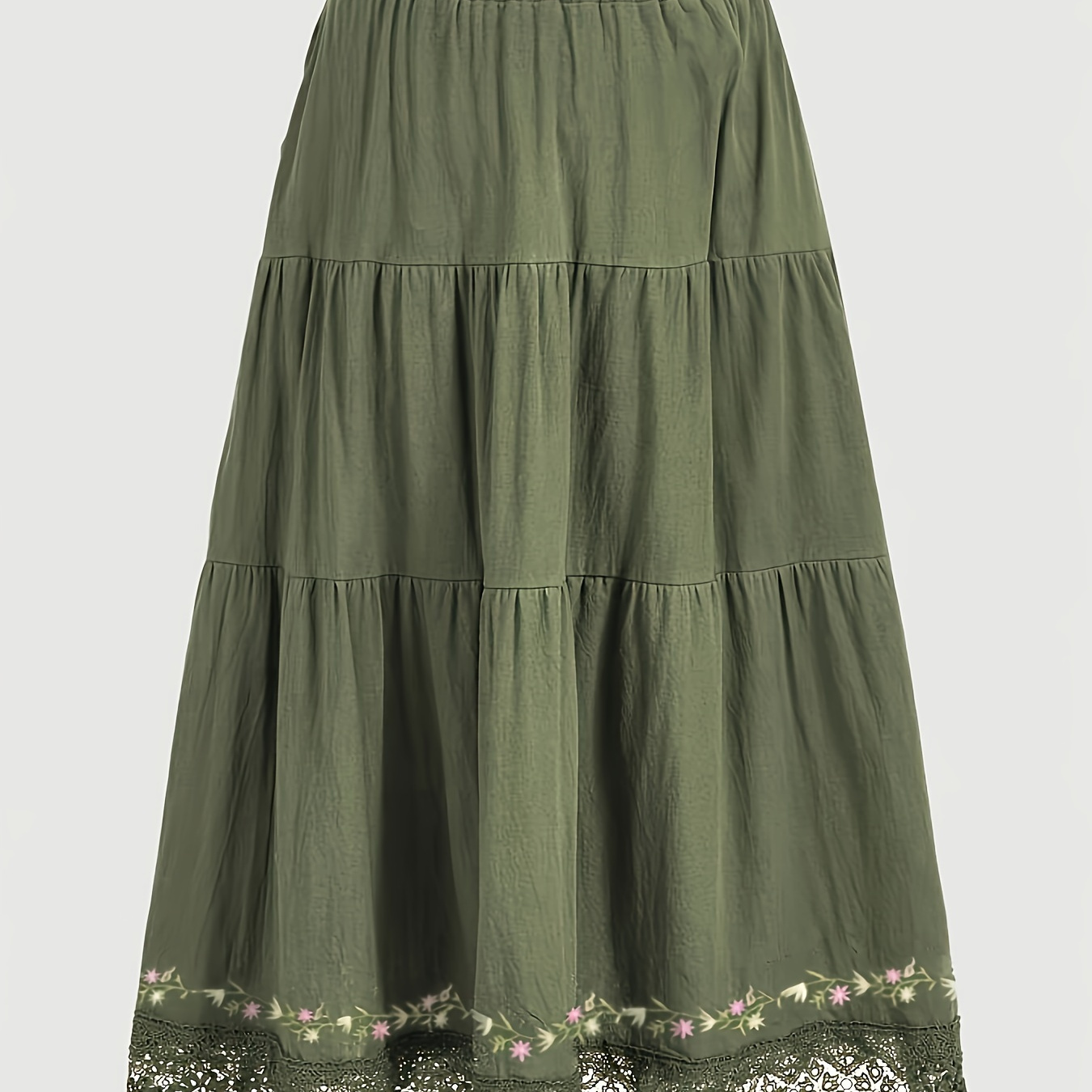 

Jupe mi-longue à volants avec motif floral grande taille, jupe midi décontractée à taille élastique pour le printemps et l'été, vêtements grande taille pour femmes