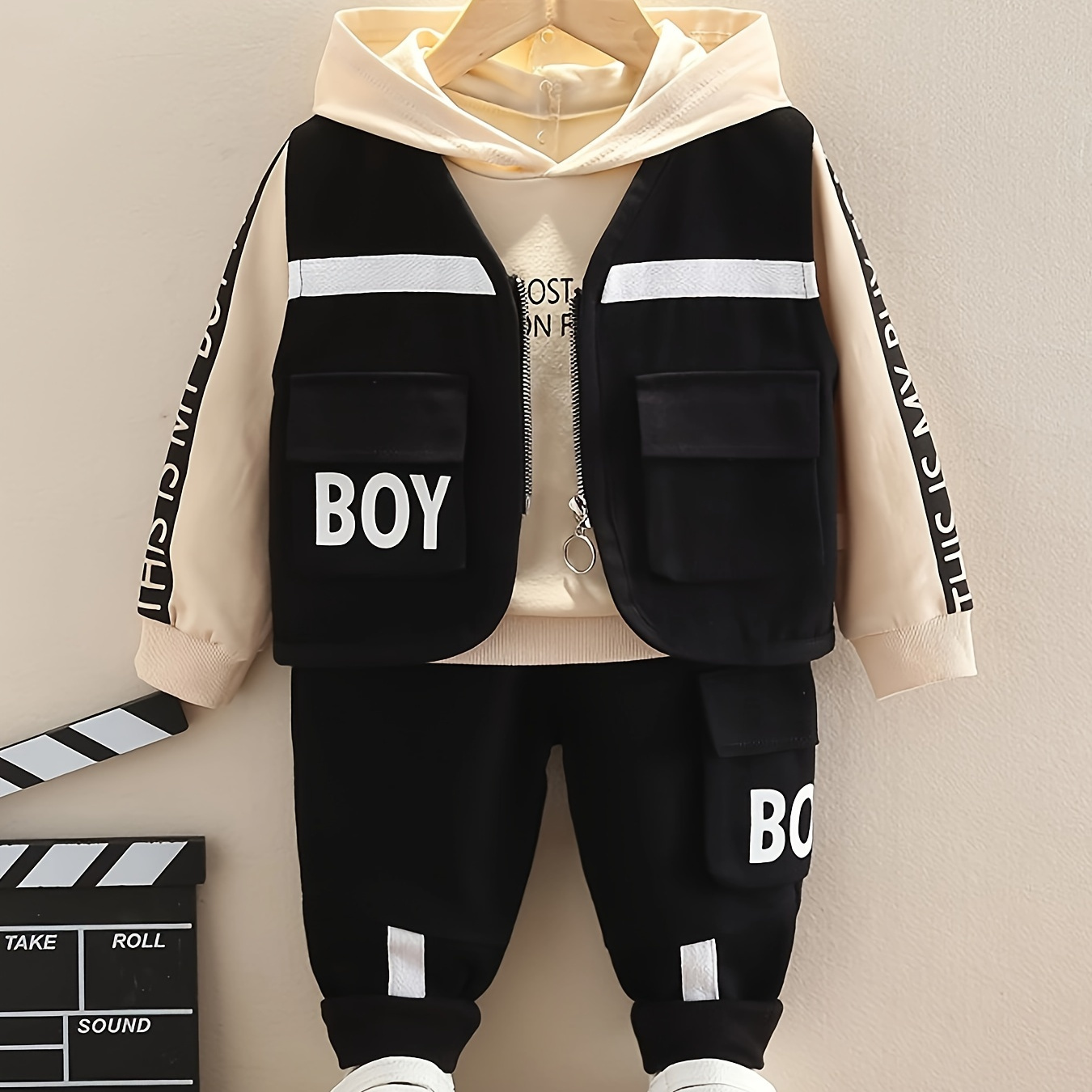 

3pcs Boy's Letter Print Hoodie Outfits, Casual Hoodies Long Sleeve Pullover Hooded Sweatshirt & Pants & Vest Set