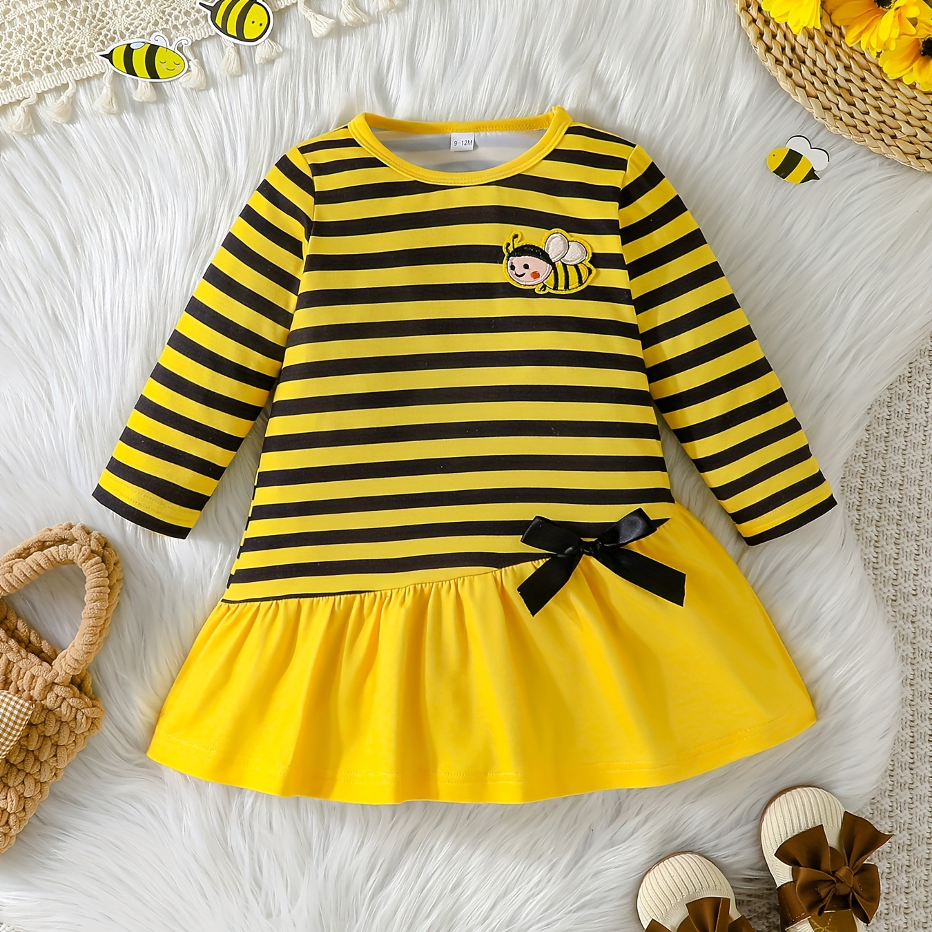 

Baby Girls Long Sleeve Bee Striped Dress