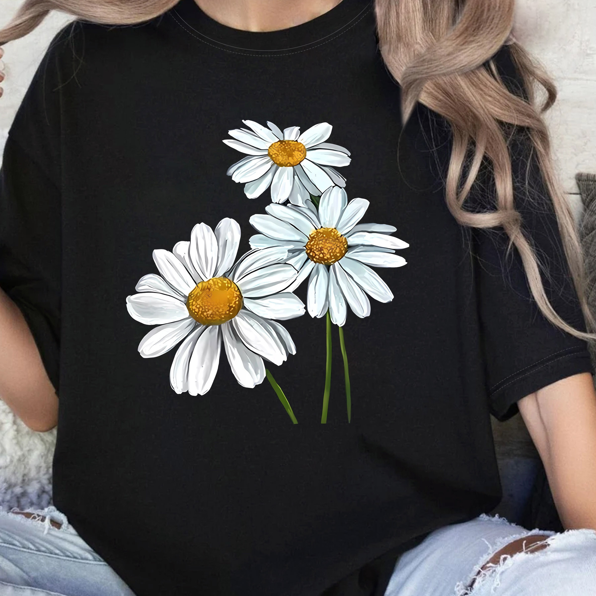 

Women's Casual Sports T-shirt Top, Plus Size Daisy Print Stretchy Round Neck Breathable Fabric Short Sleeve Fitness Tee Top