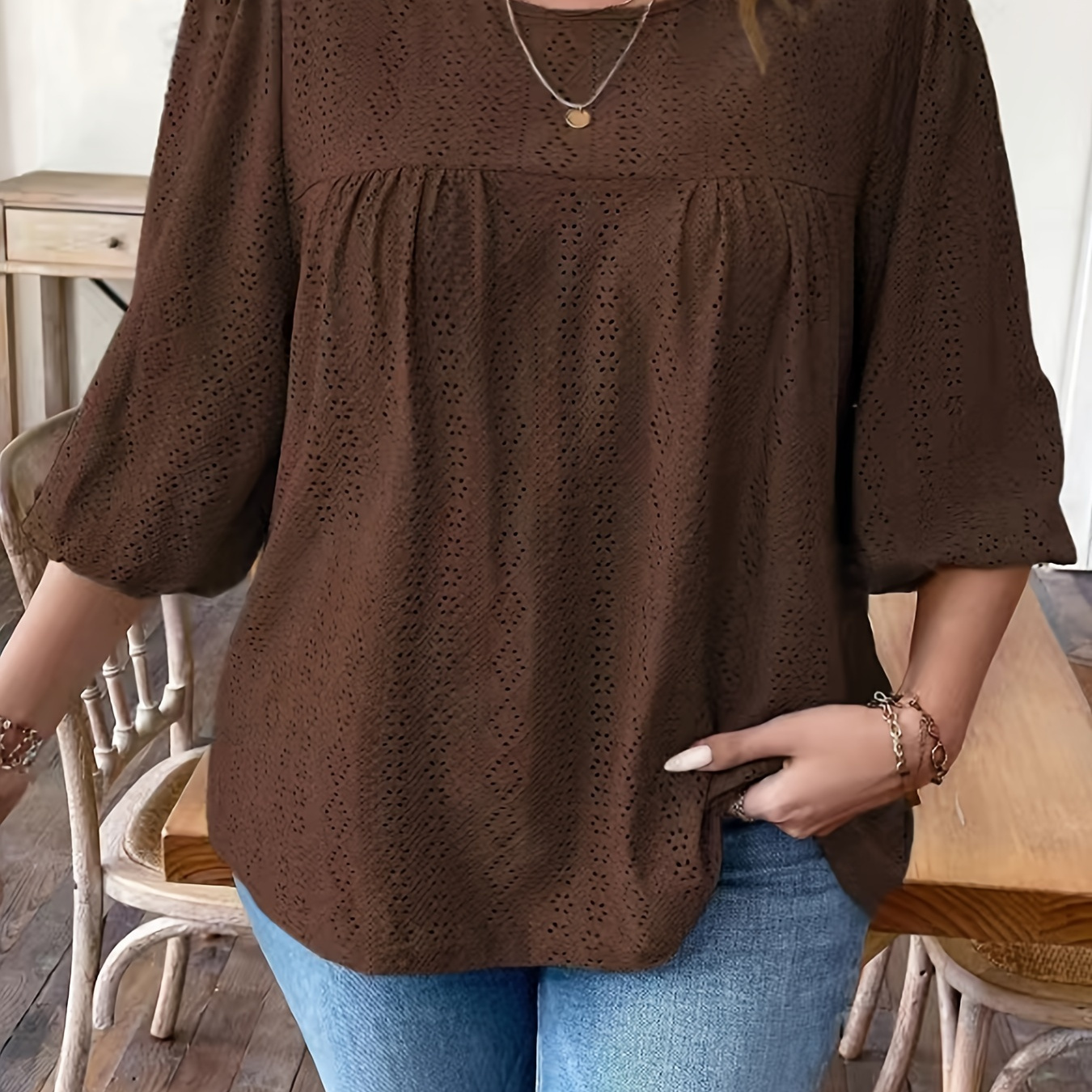 

Plus Size Solid Eyelet Cutout T-shirt, Casual Crew Neck 3/4 Sleeve Top For , Women's Plus Size Clothing